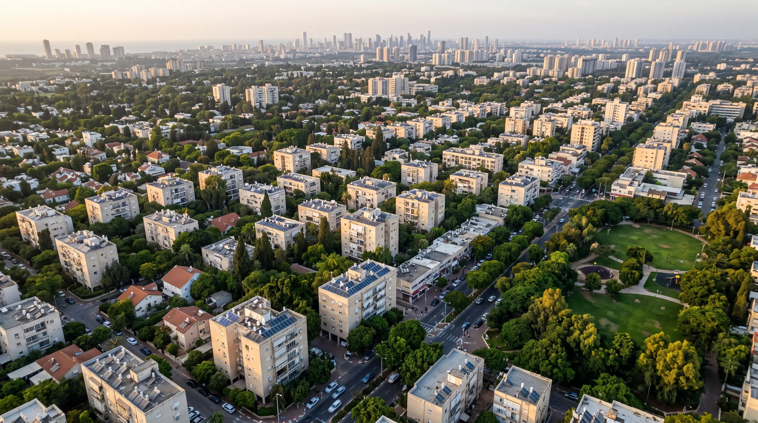משרד תיווך בשכונת הדר: מבט מלמעלה על בנייני השכונה, השדרות והפארק במרכז רמת השרון (הדמיה)