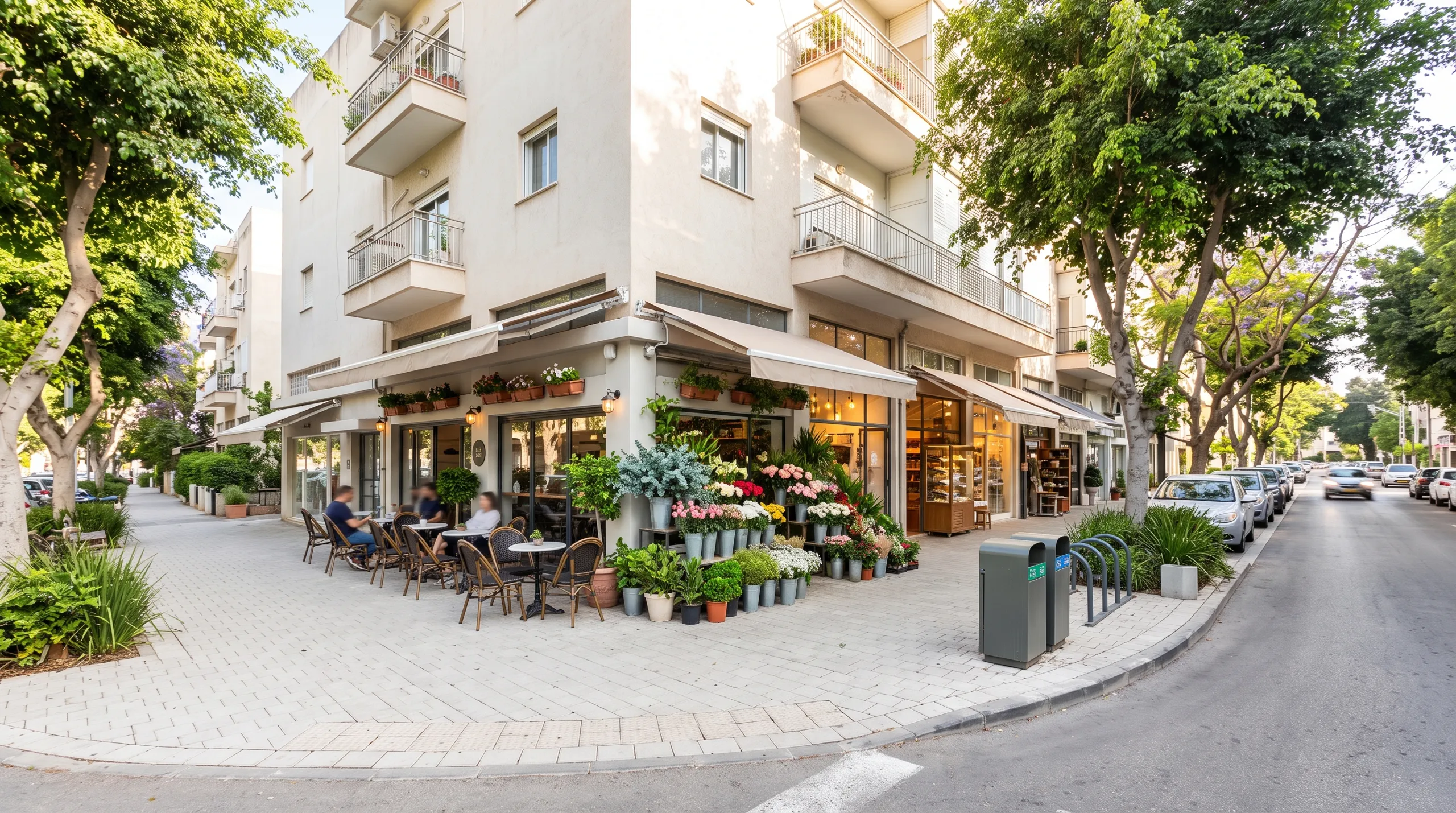 רחוב אוסישקין ברמת השרון בבוקר: חנויות בוטיק, בר אספרסו וחנות פרחים (הדמיה)