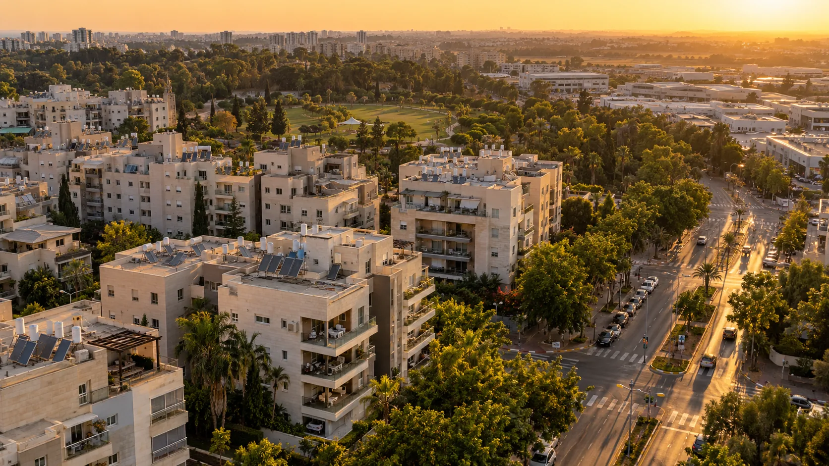 Agence immobilière à Halutzim : vue aérienne du quartier, de l’axe Weizmann et du sud de Kfar Saba, côté est (illustration)