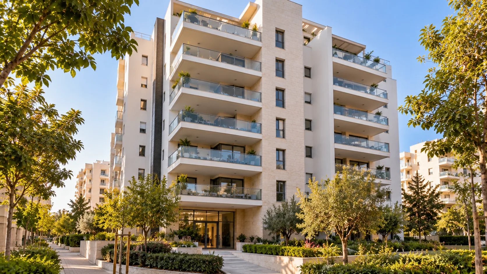 Un immeuble résidentiel de huit étages à Halutzim, avec balcons et façade en pierre claire (illustration)