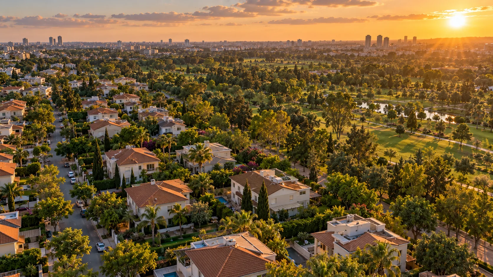 Real estate agency in HaPark: an aerial view over the houses, the gardens and the adjacent park (illustration)