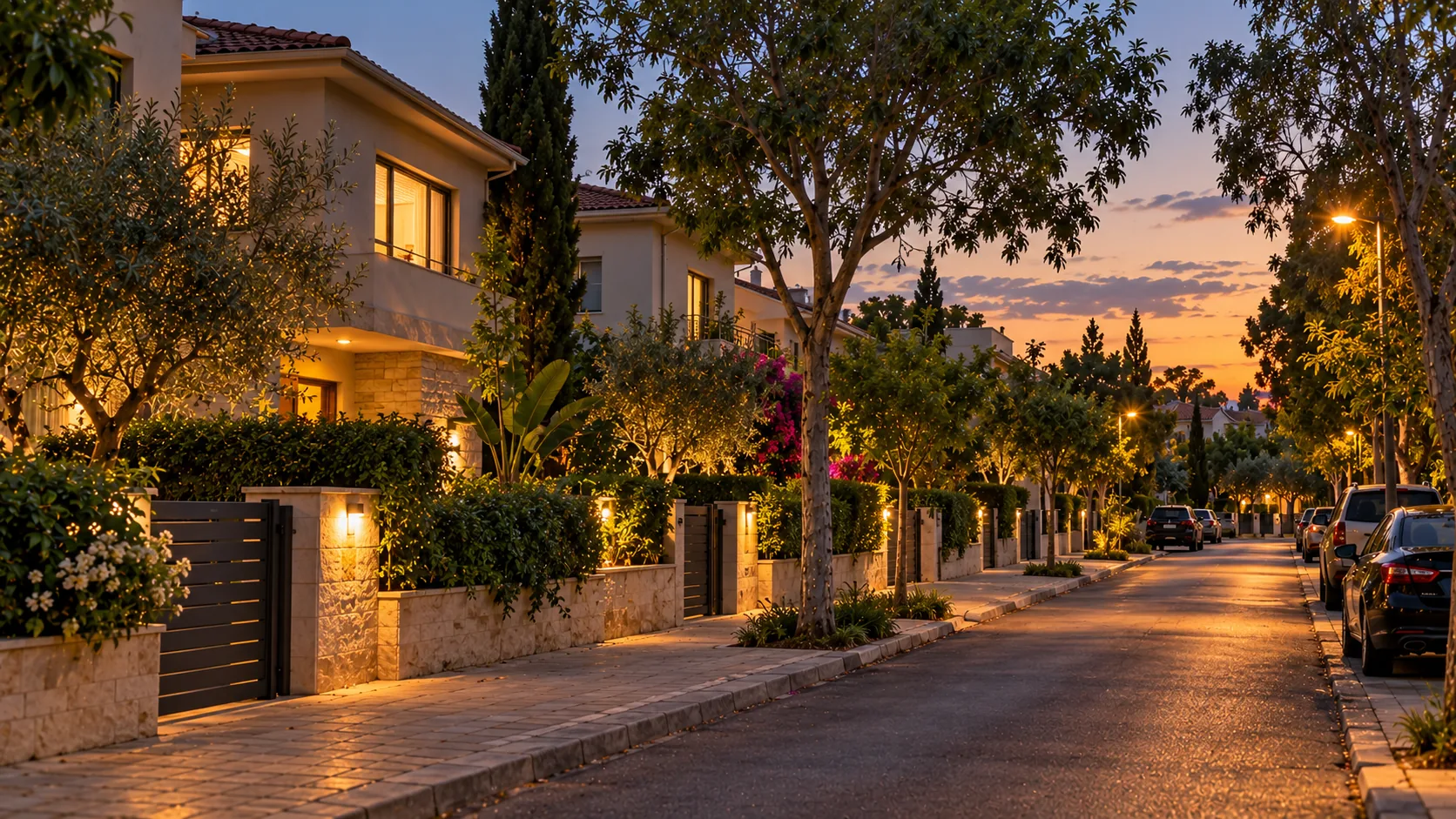 A street in HaPark in the evening, with houses, green hedges and warm lighting (illustration)