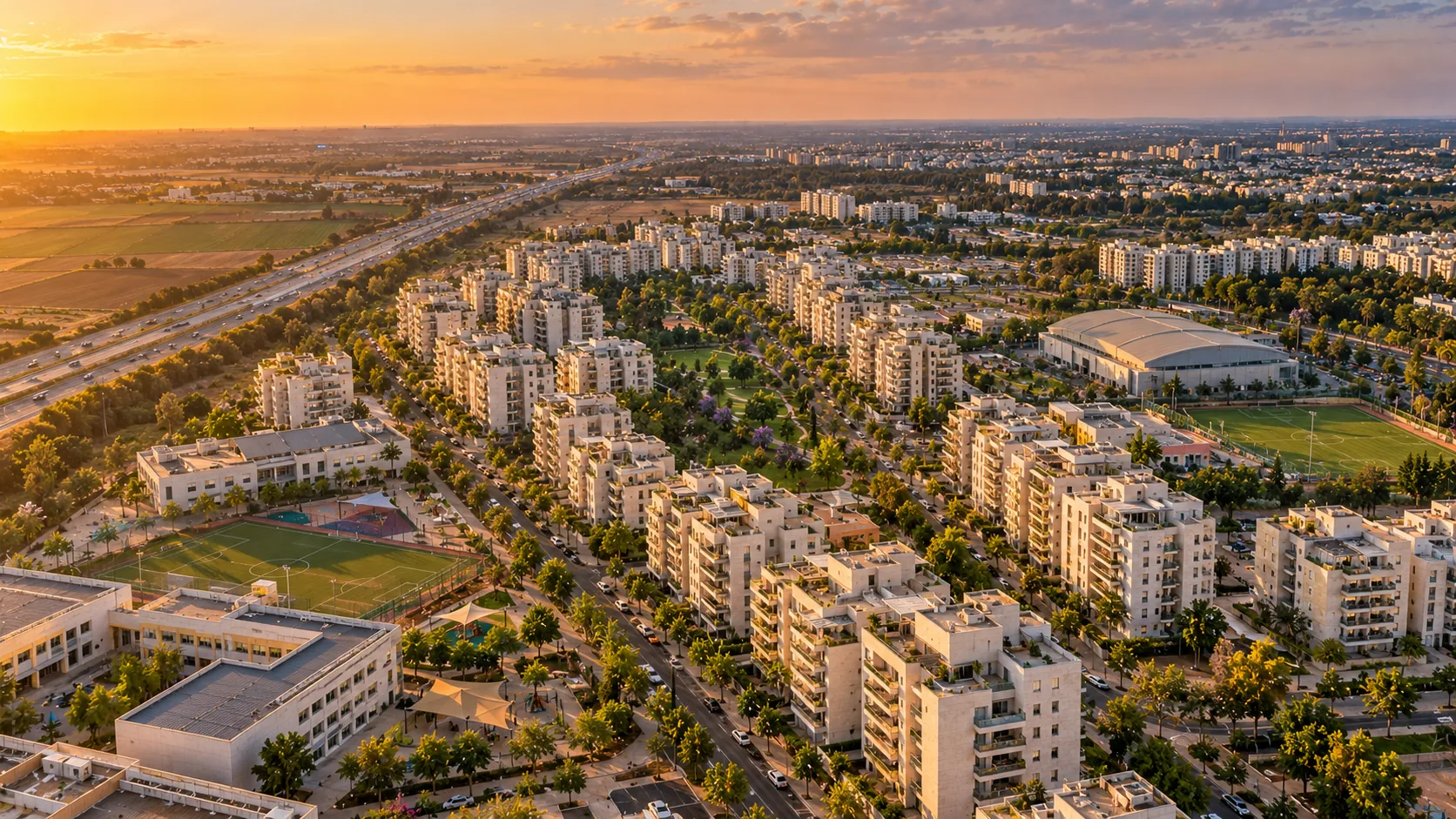 Real estate agency in HaZemer HaIvri: an aerial view over the neighborhood, its schools and the sports hall (illustration)