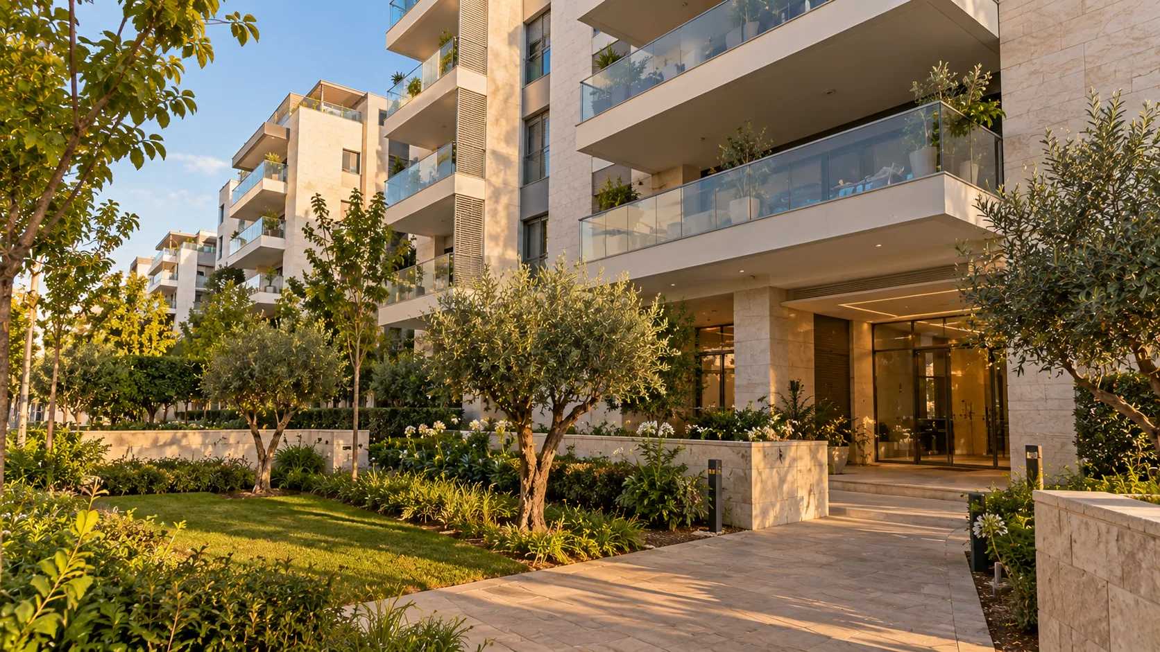 A residential building in HaZemer HaIvri, with wide balconies and a light stone facade (illustration)