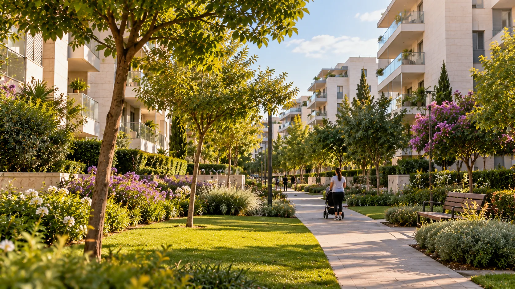 A green footpath between the buildings of HaZemer HaIvri, with a parent and a stroller (illustration)