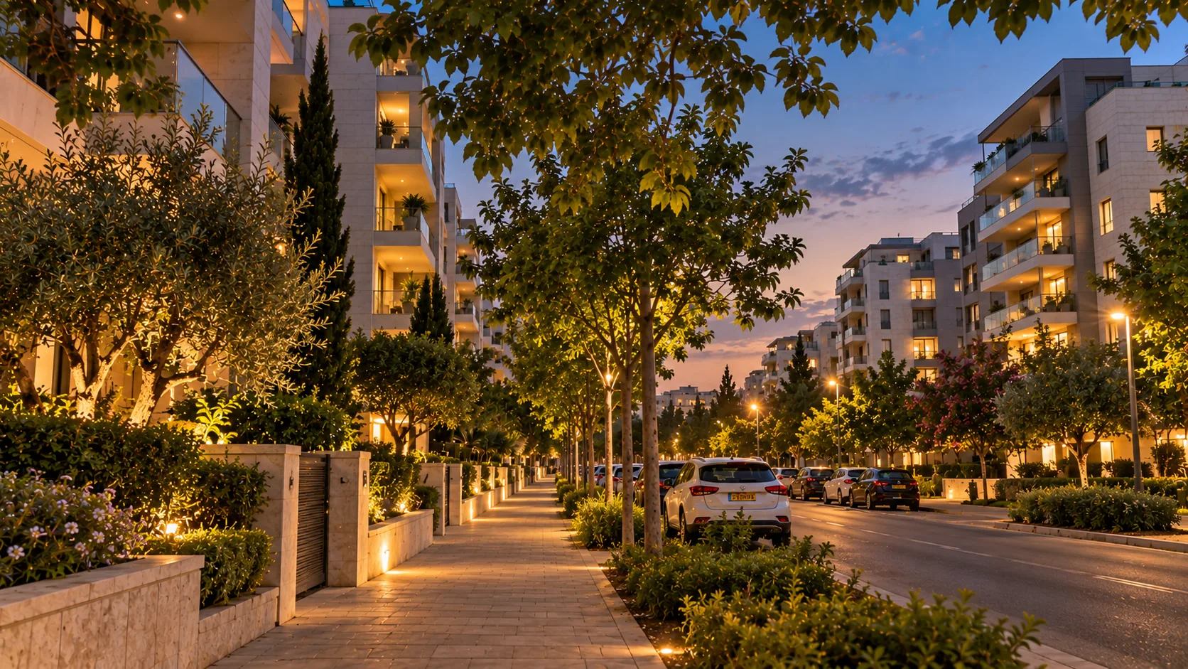 A street in HaZemer HaIvri in the evening, with a wide sidewalk, trees and buildings with lit windows (illustration)