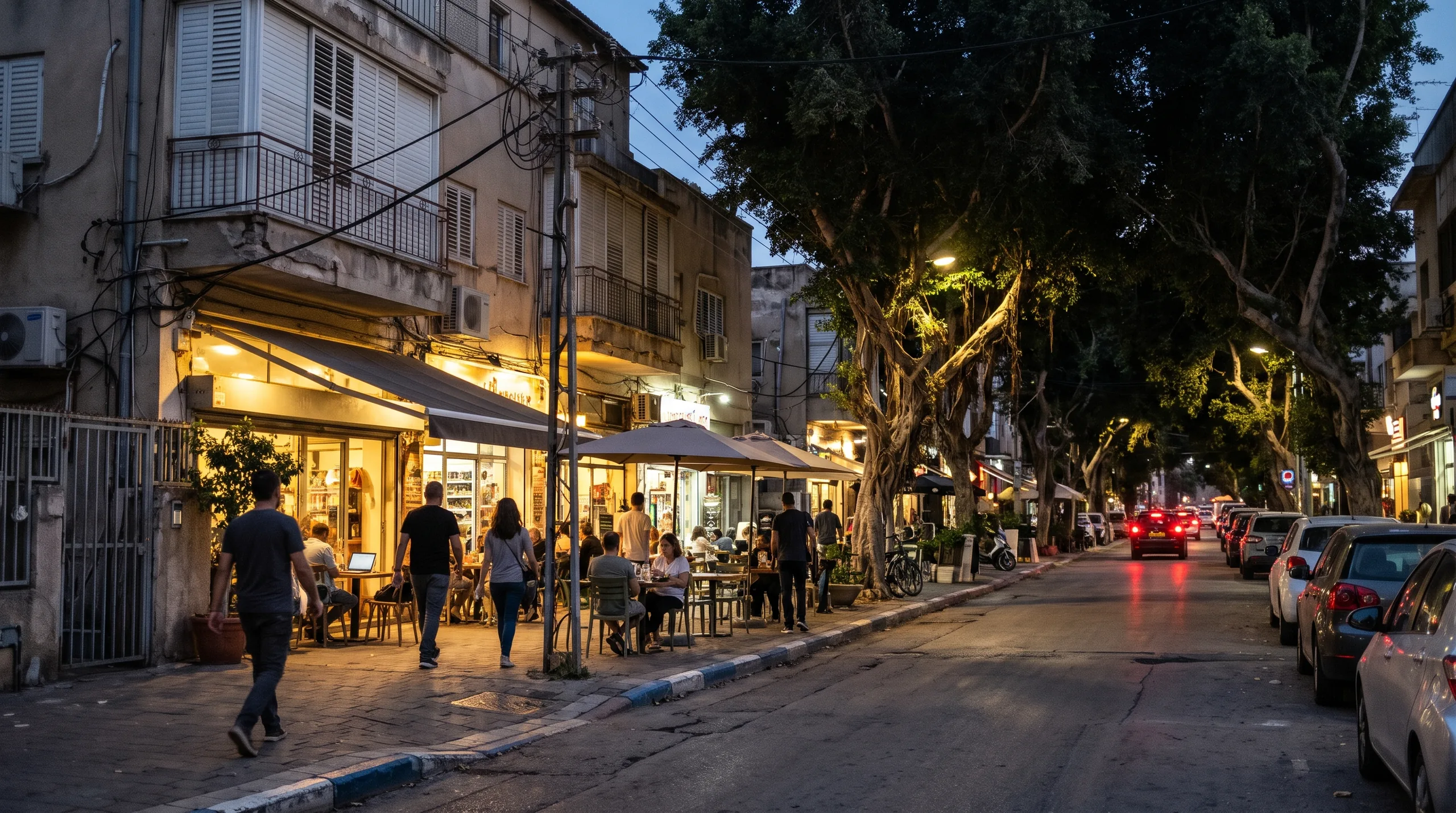 La rue Nordau à Herzliya B en soirée, boutiques et café éclairés (illustration)