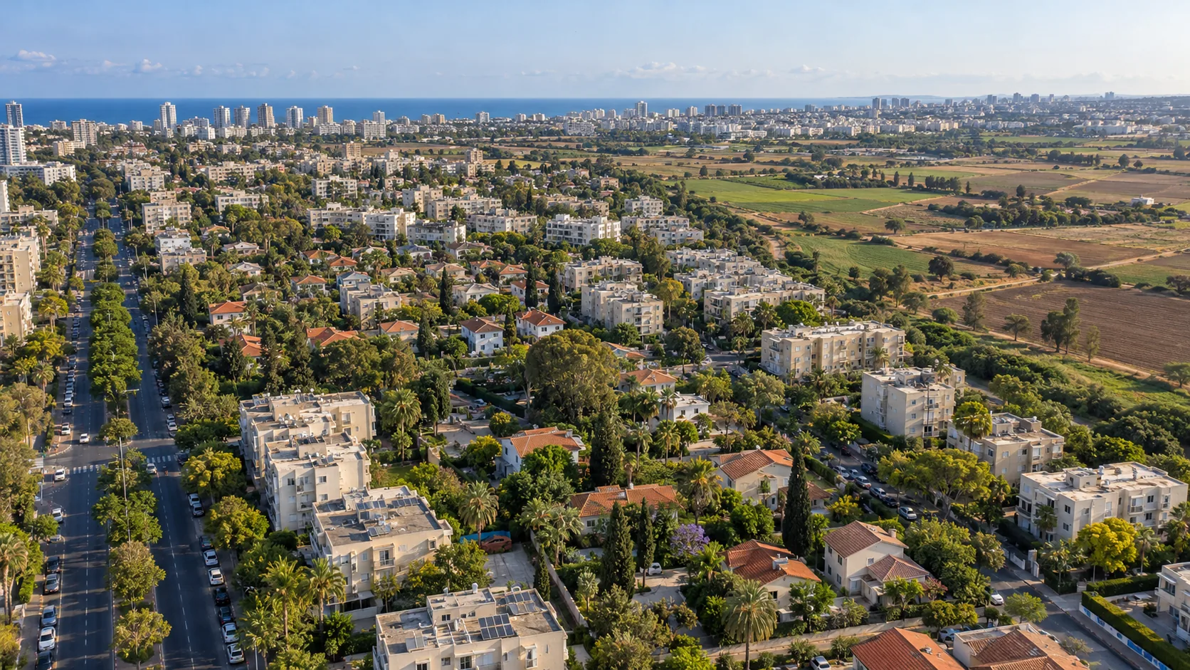 Real estate agency in Herzliya HaTzeira: an aerial view over the neighborhood, between Ben Gurion Street and the open land (illustration)
