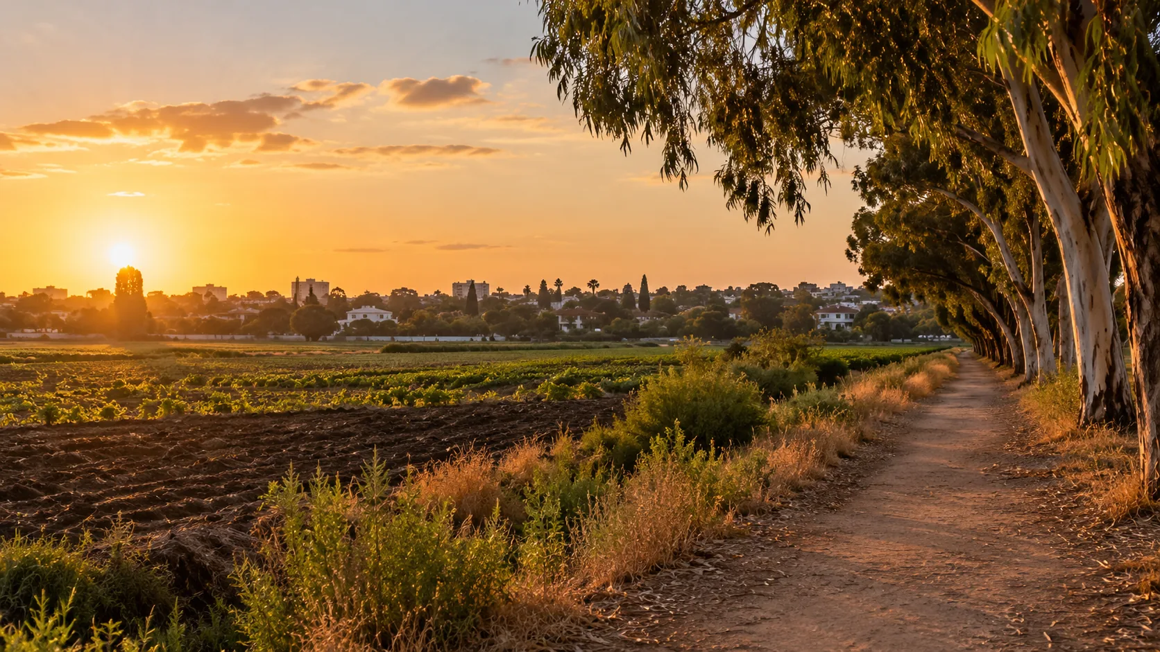 Open fields at the edge of Herzliya HaTzeira, with a dirt path and trees (illustration)