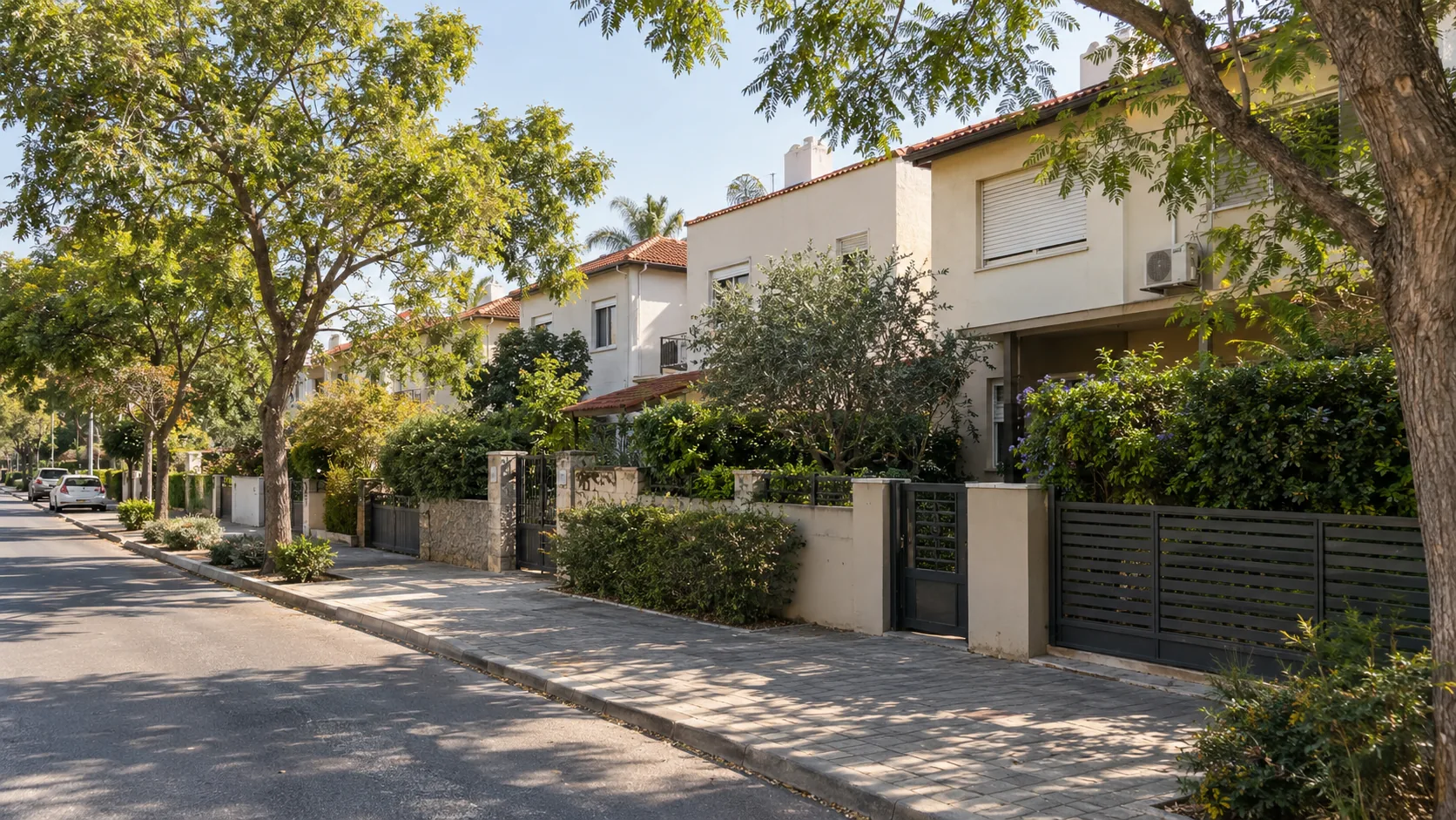 A residential street in Herzliya HaTzeira, with semi detached houses, hedges and shade trees (illustration)