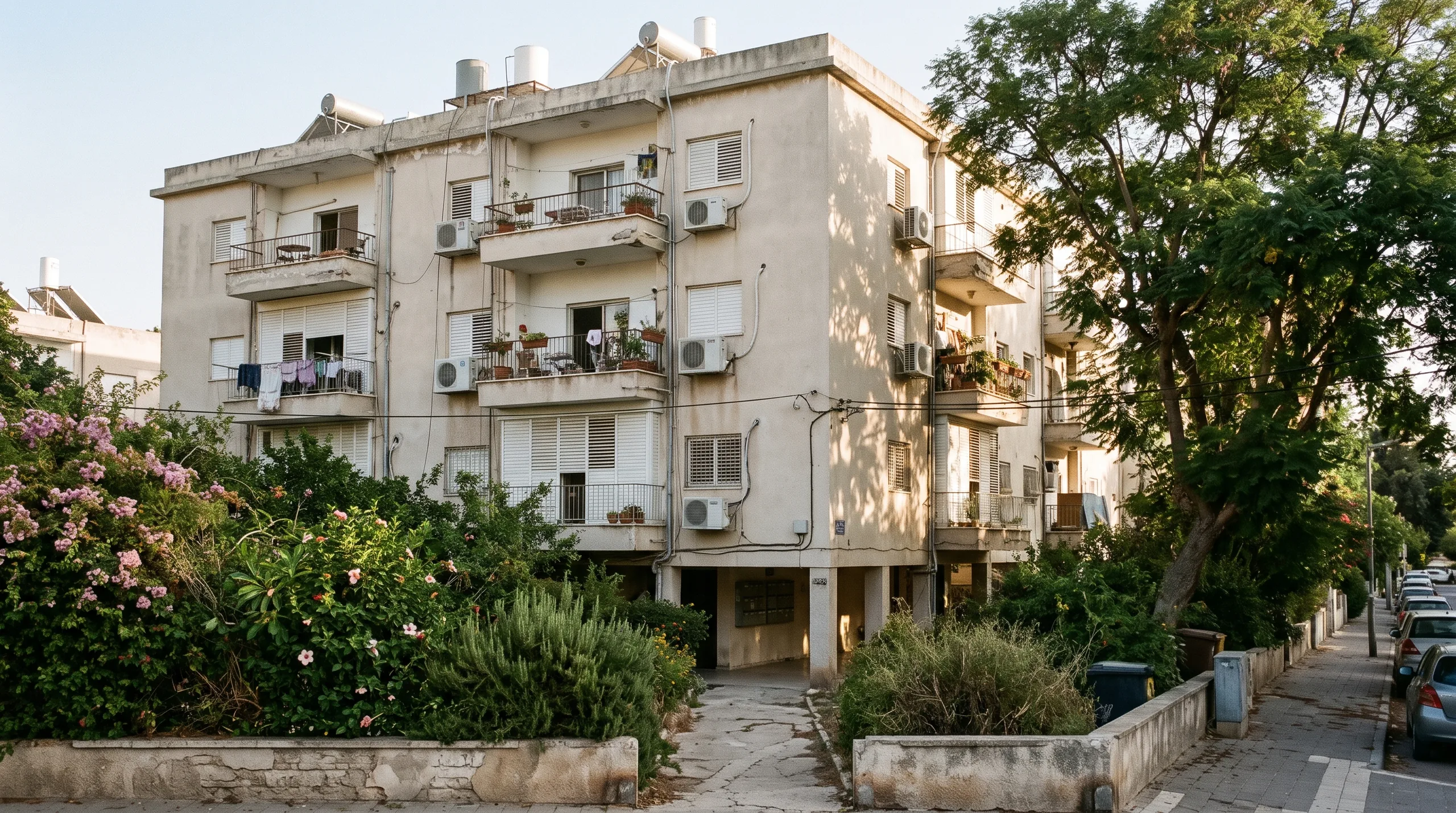 An older four storey residential building in Herzliya HaYeruka, with balconies and trees in front (illustration)