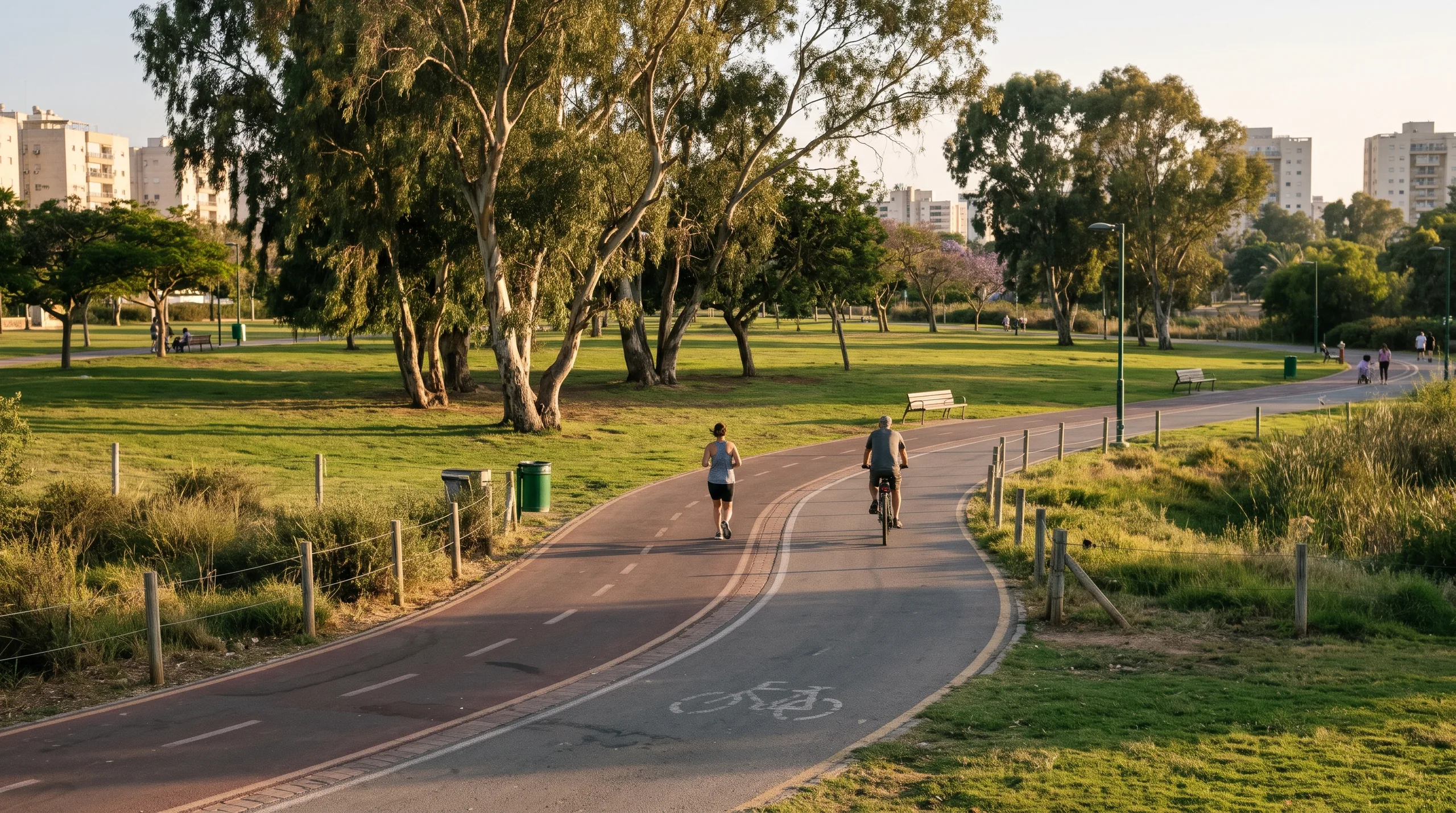 The running track and cycle path in Herzliya Park, among lawns and trees (illustration)