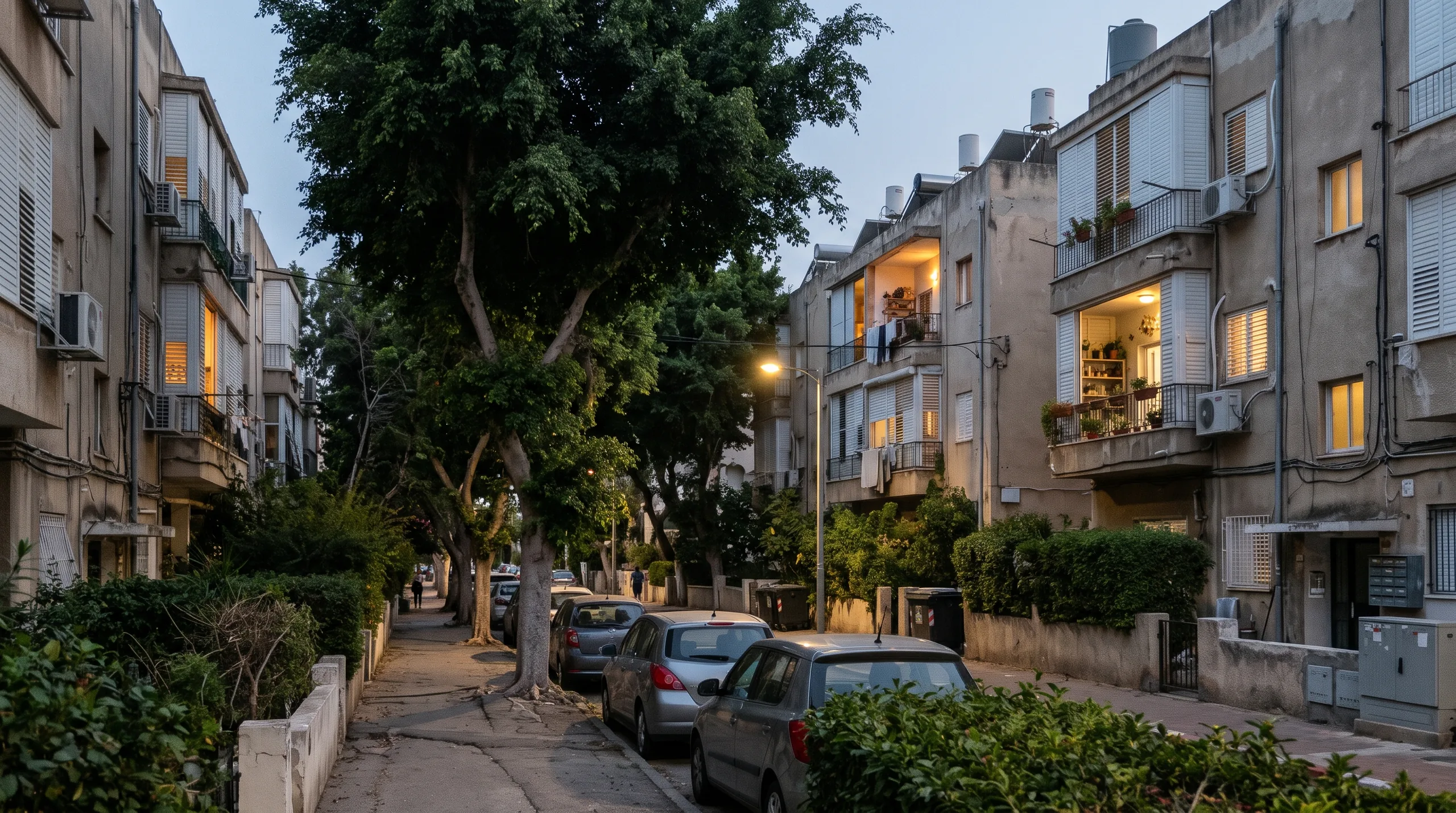 A quiet street in Herzliya HaYeruka in the evening, with trees, a wide sidewalk and low rise buildings (illustration)