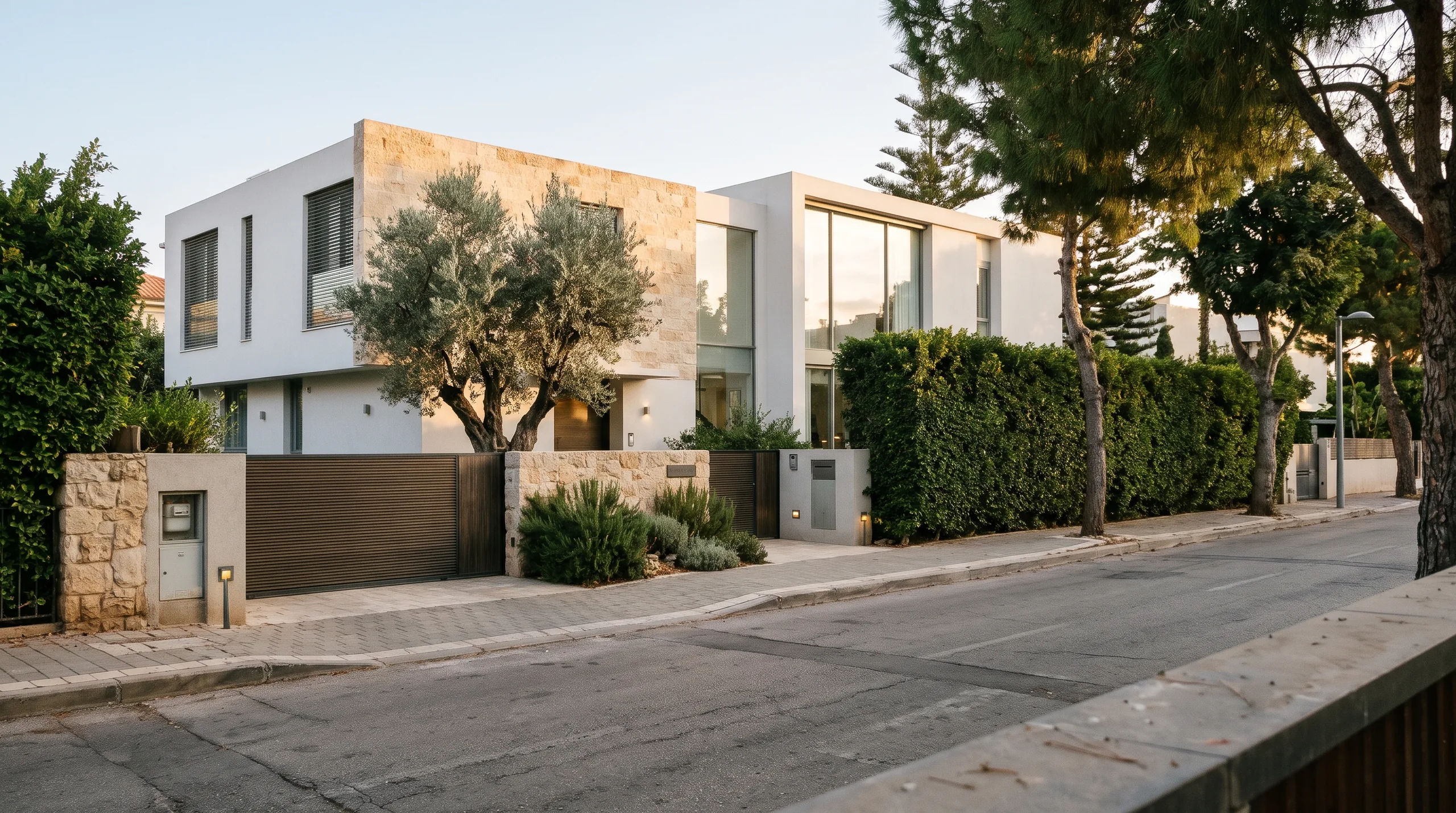 Villa de prestige contemporaine dans une rue calme de Herzliya Pituah, haie de ficus et olivier en façade (illustration)
