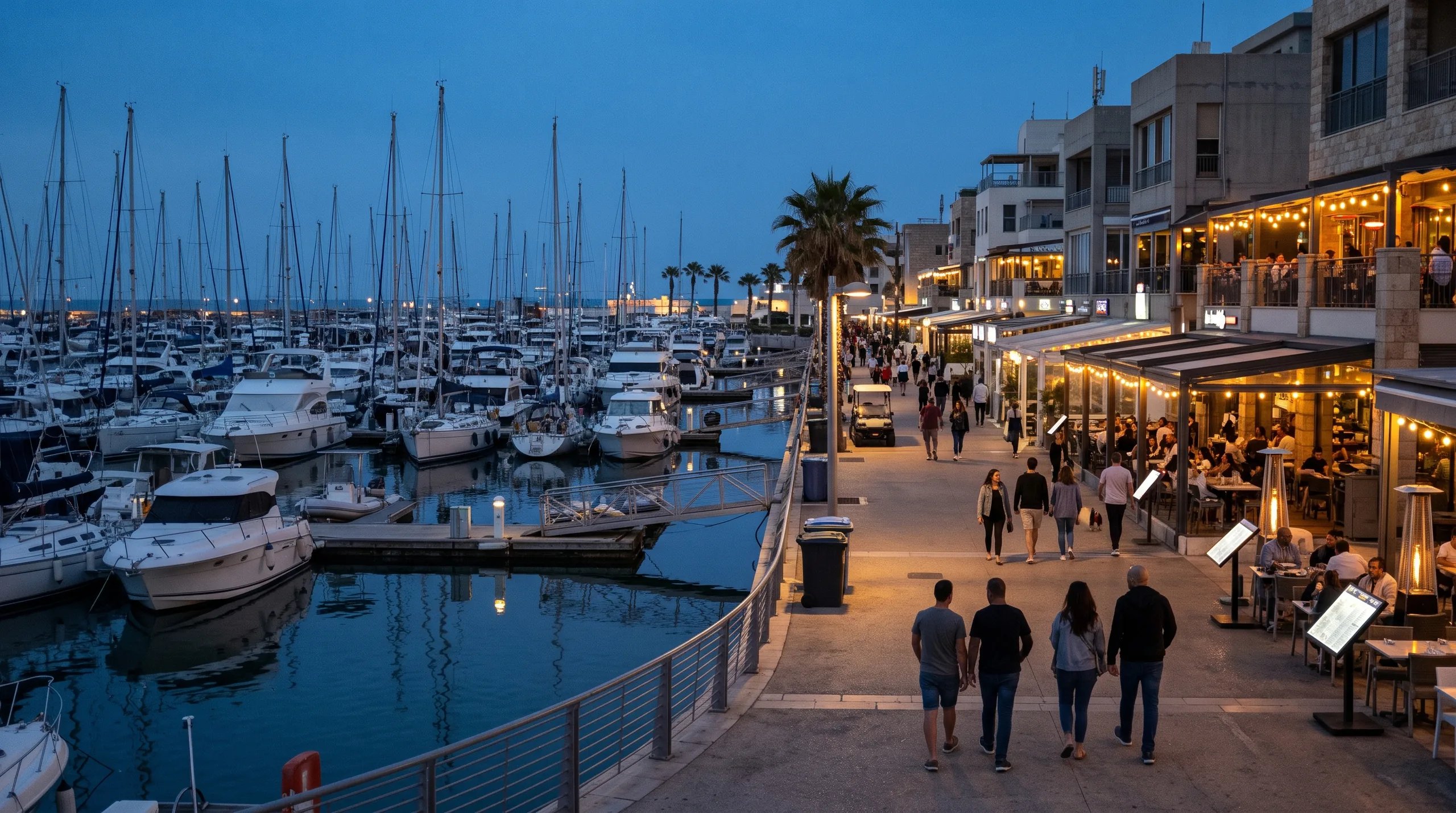 La marina de Herzliya le soir : yachts, restaurants au bord de l’eau et promenade (illustration)