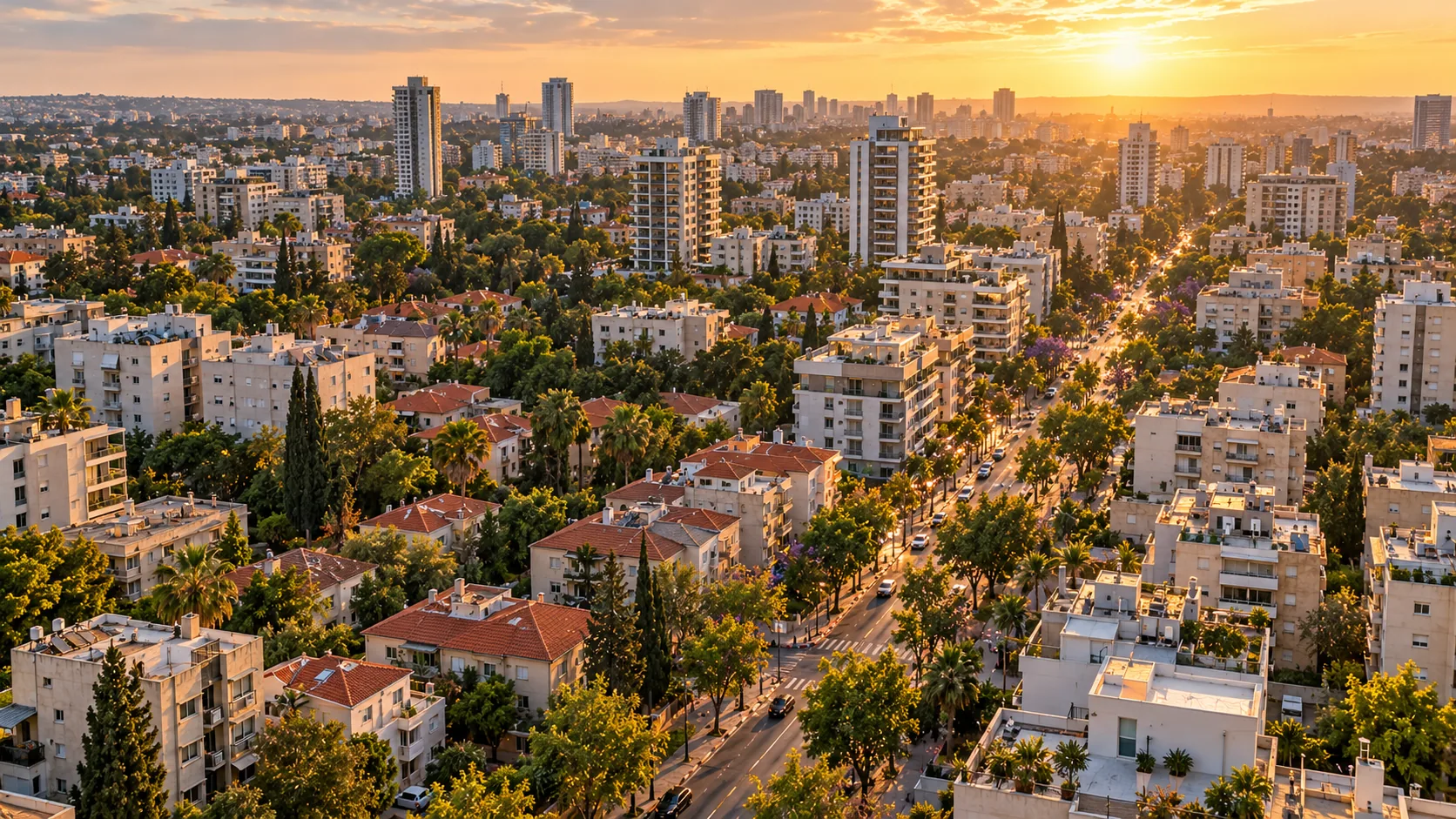 Agence immobilière au centre de Kfar Saba : vue aérienne de la rue Weizmann et des immeubles au sud (illustration)