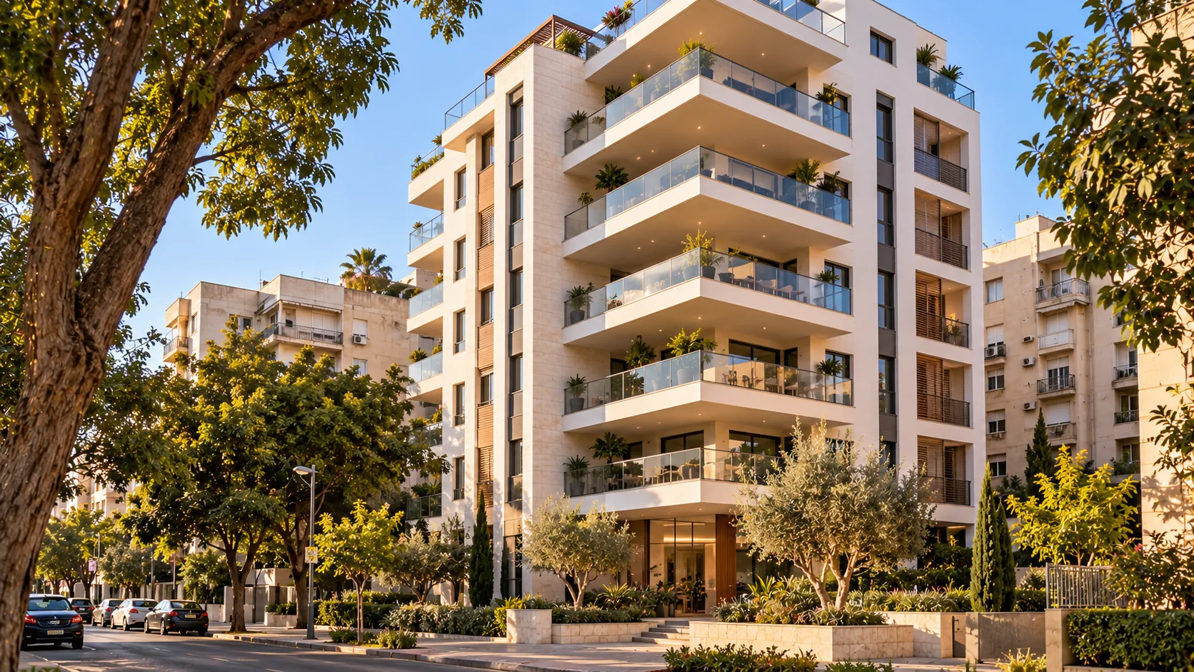 Un immeuble d’habitation neuf au centre de Kfar Saba, avec de larges balcons et une façade claire (illustration)