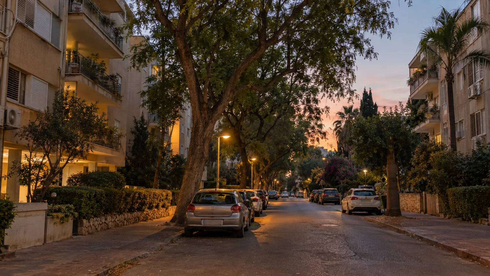 Une rue calme au sud de Weizmann en soirée, avec des immeubles anciens et des arbres matures (illustration)