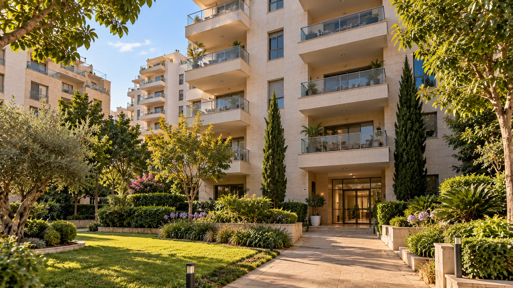 Un edificio residencial en Kfar Saba HaTzeira, con fachada de piedra clara y balcones (ilustración)