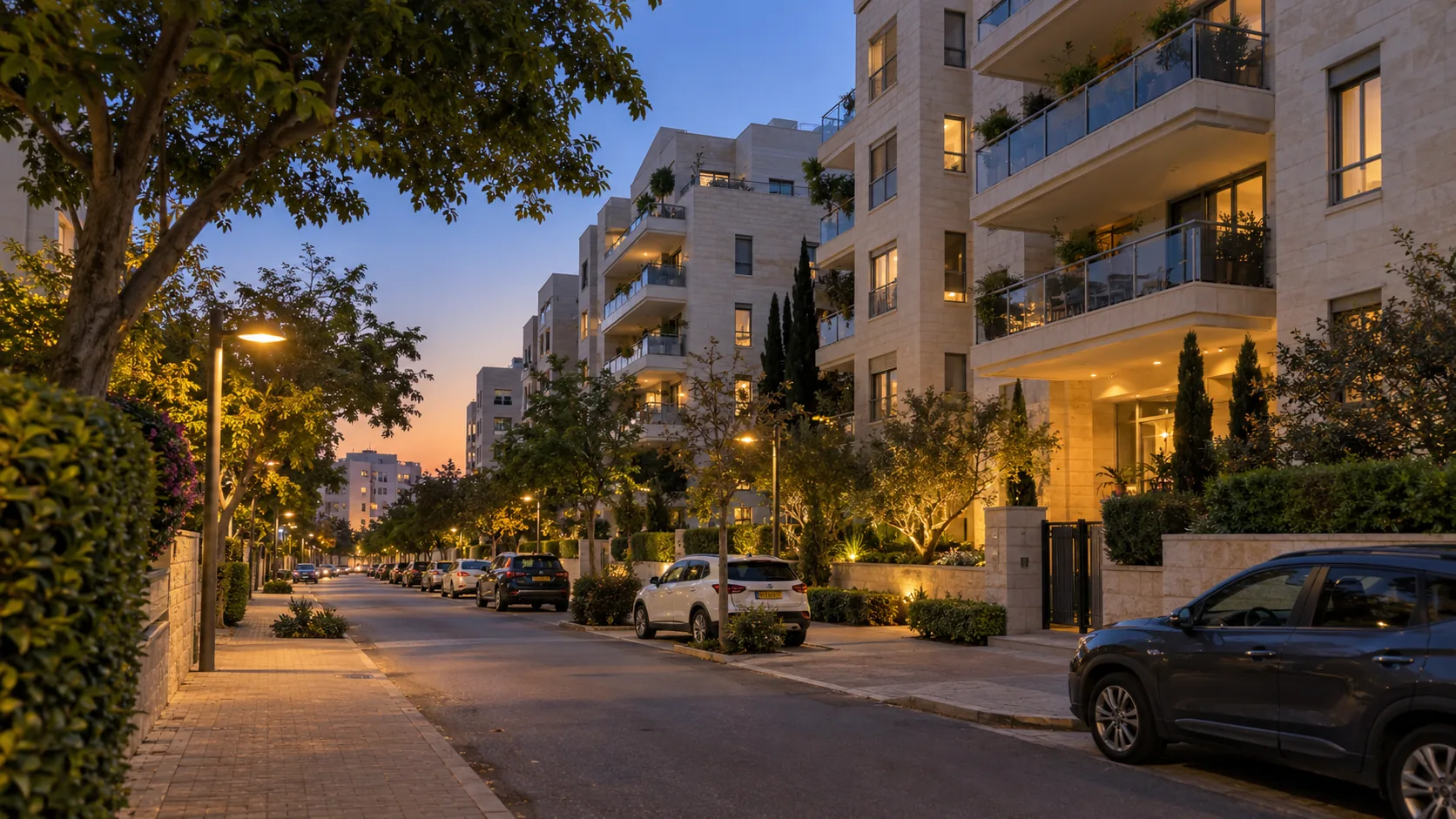 Una calle de Kfar Saba HaTzeira al anochecer, con acera, árboles y ventanas iluminadas (ilustración)