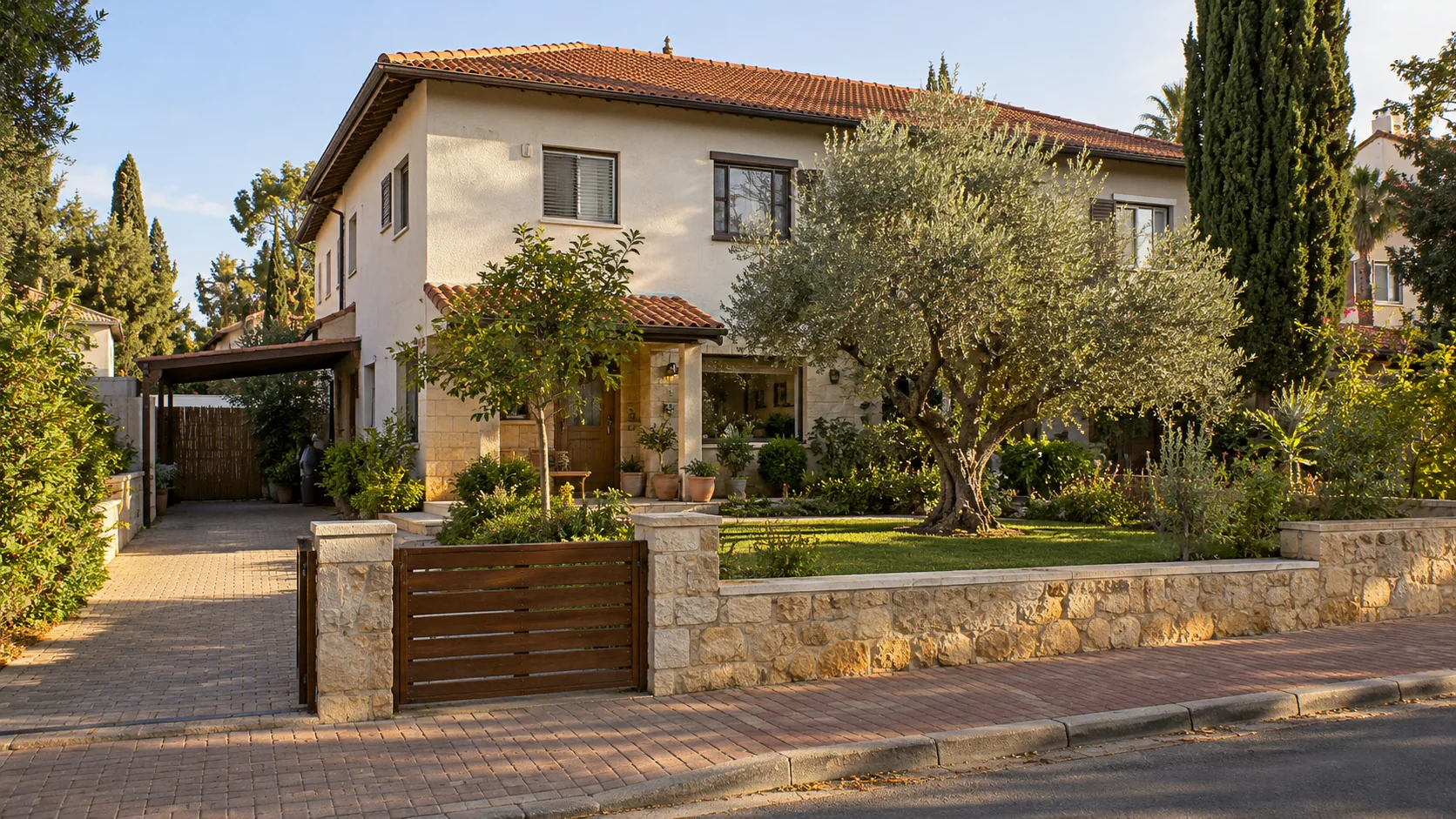 A semi detached house in Kiryat Ganim, with a tiled roof, a front garden and a wooden gate (illustration)