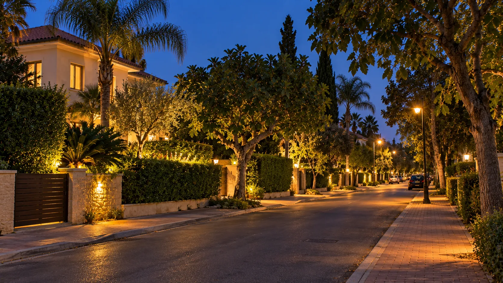 A quiet street in Kiryat Ganim in the evening, with private homes, green hedges and warm lighting (illustration)
