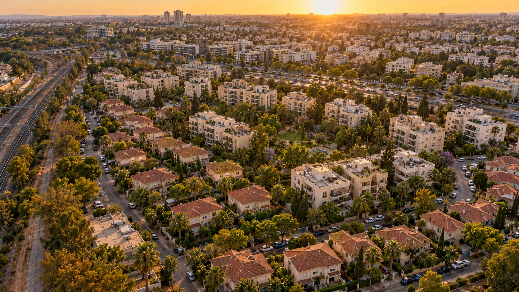Agencia inmobiliaria en Kiryat HaPrajim: vista aérea del barrio, sus jardines y sus casas (ilustración)
