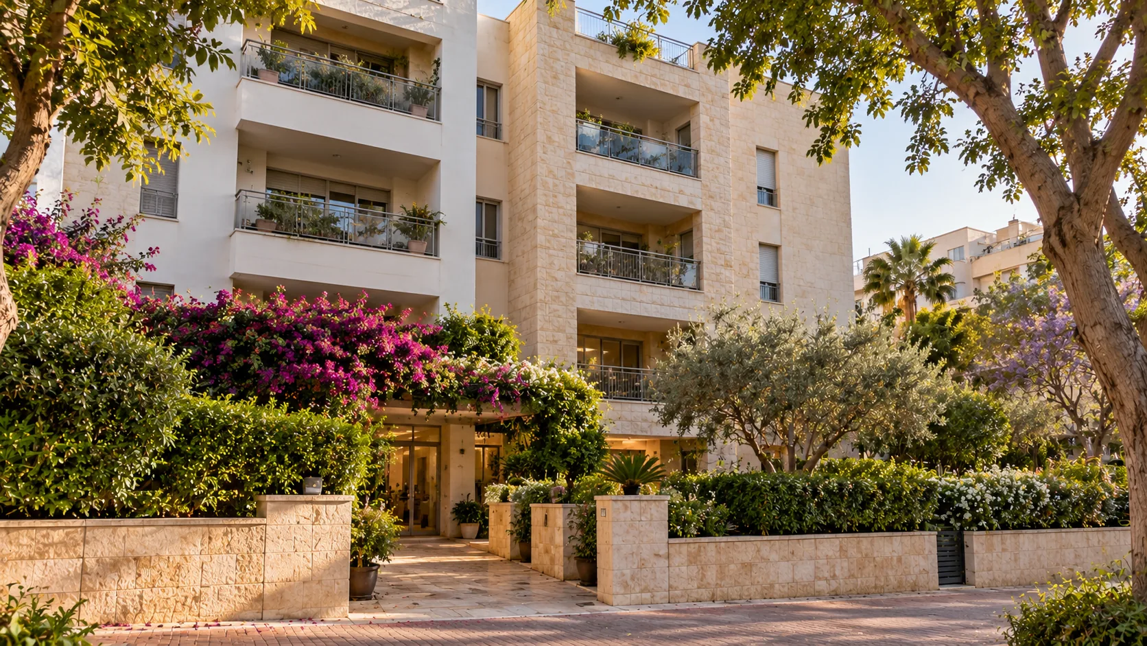 Un edificio residencial bajo en Kiryat HaPrajim, con balcones, piedra clara y un jardín en la entrada (ilustración)