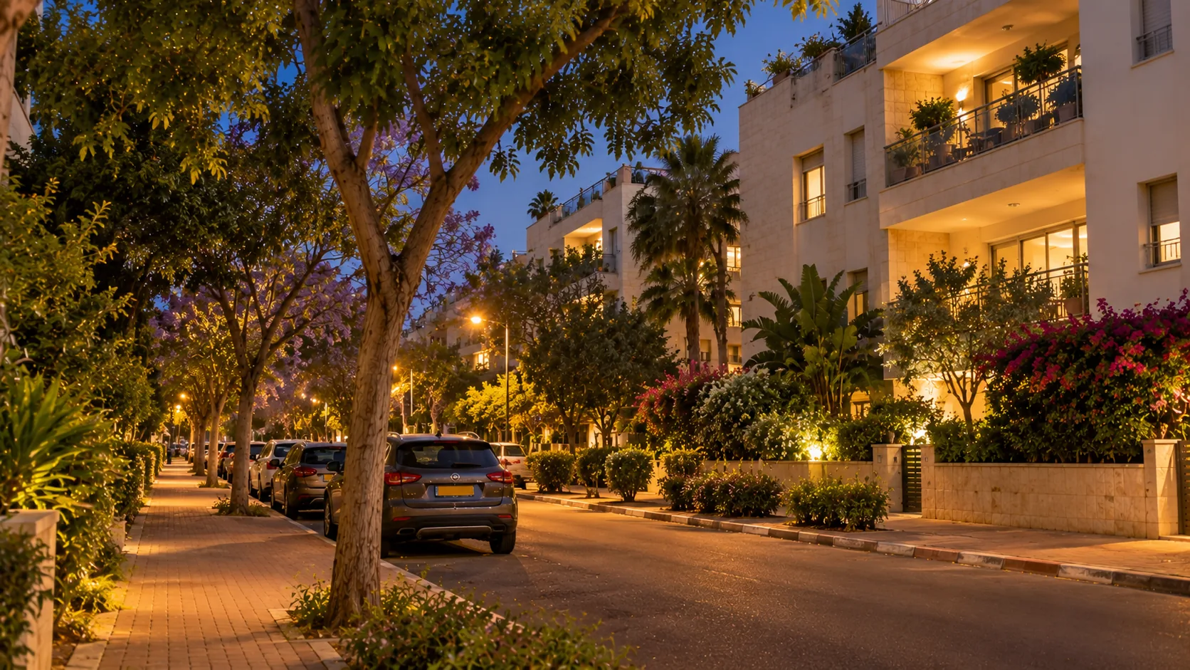 Una calle de Kiryat HaPrajim al anochecer, con árboles, acera y edificios bajos (ilustración)
