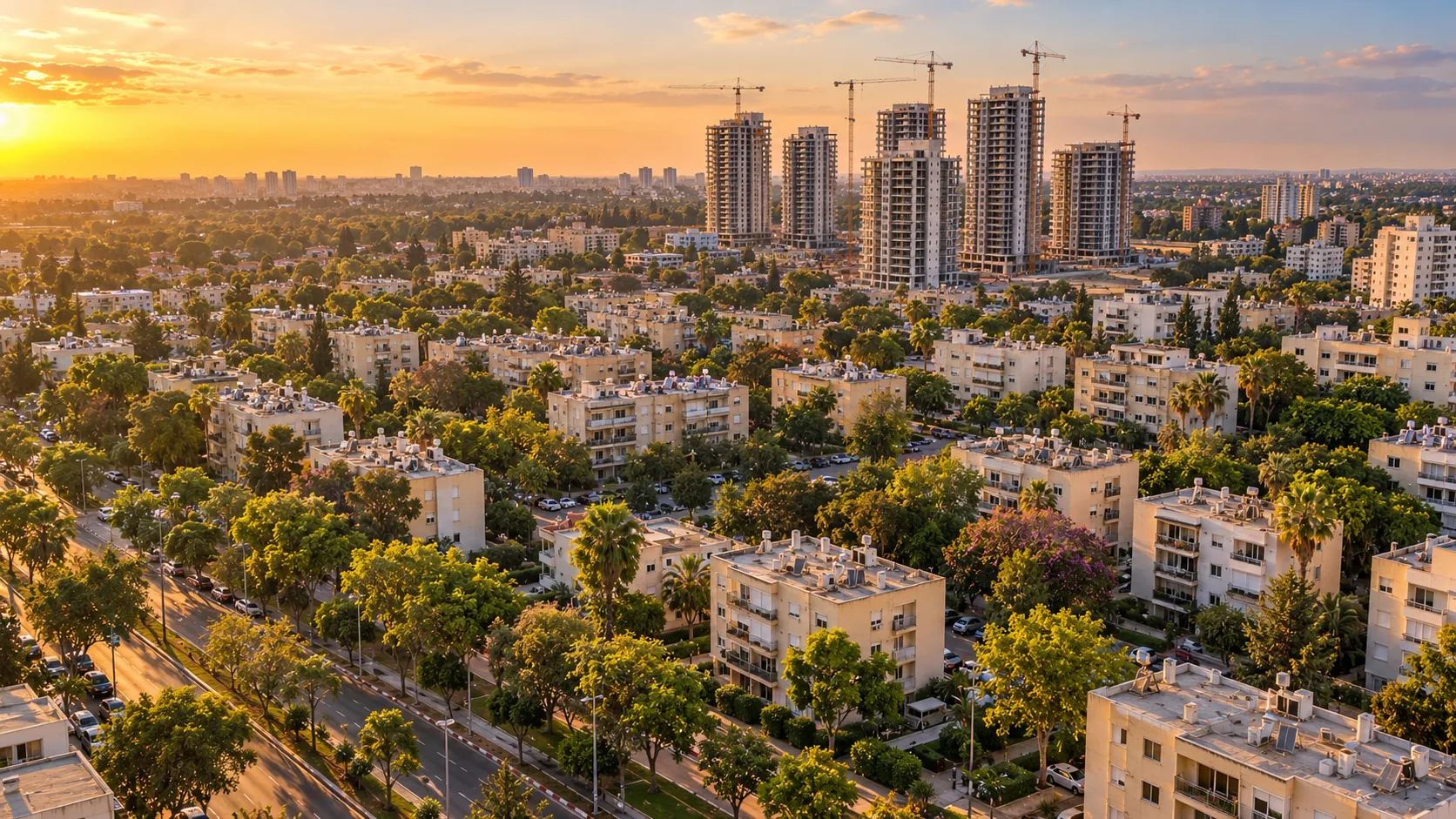 Agence immobilière à Kiryat Sharet : vue aérienne du quartier, de ses jardins et du boulevard Weizmann (illustration)