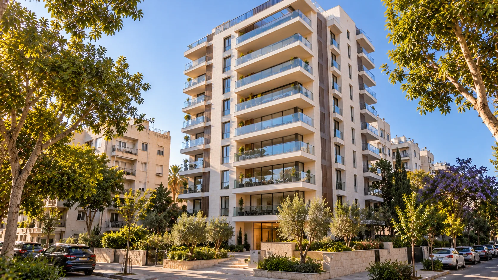 Un immeuble neuf rue Geula à Kiryat Sharet, larges balcons et façade claire (illustration)