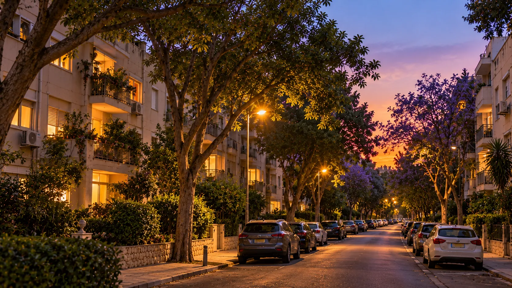 Une rue calme de Kiryat Sharet en soirée, arbres et immeubles résidentiels anciens (illustration)