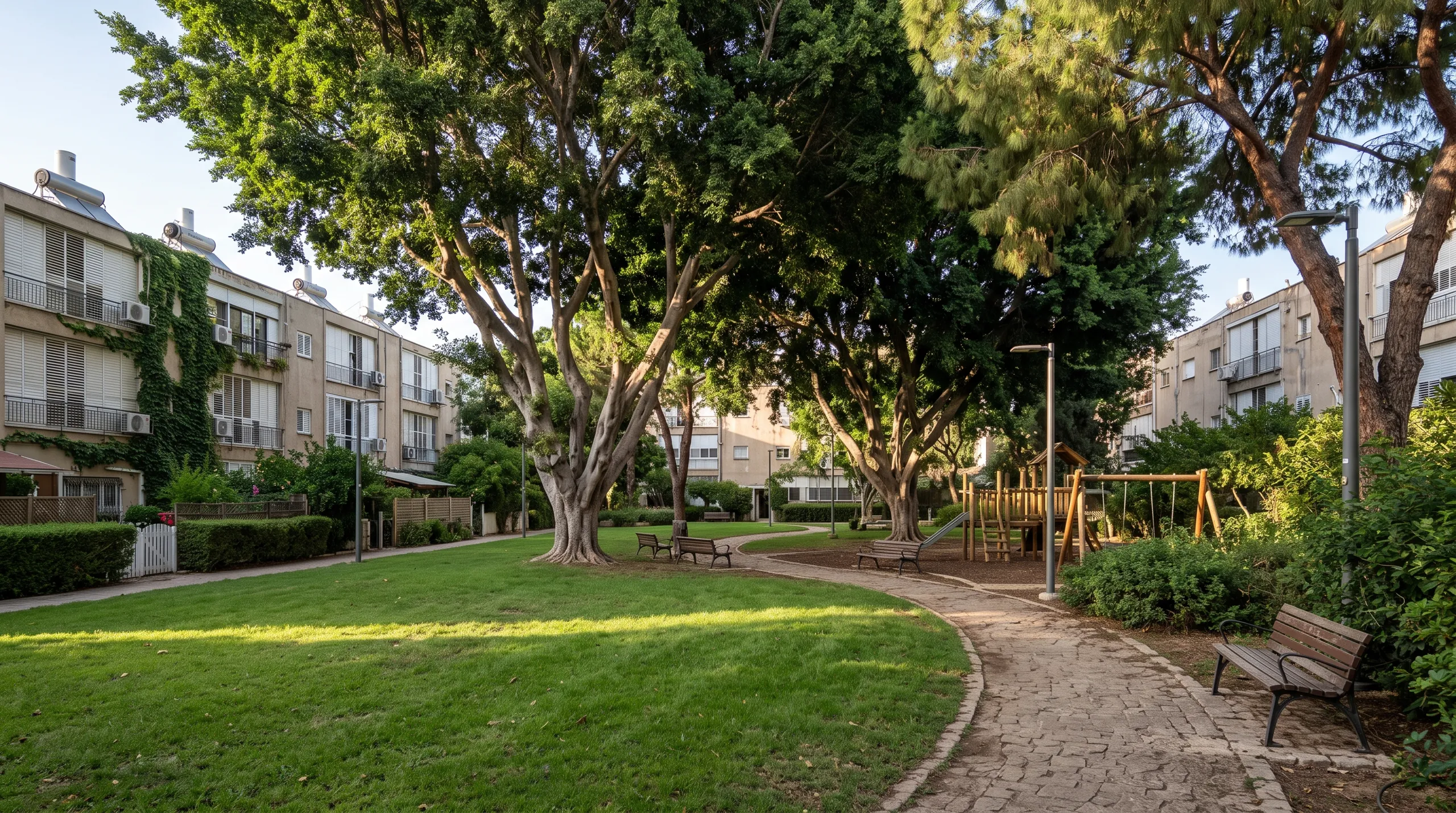 גינה ירוקה ותיקה בלב השכונה, תחת עצי פיקוס ואורן גדולים (הדמיה)