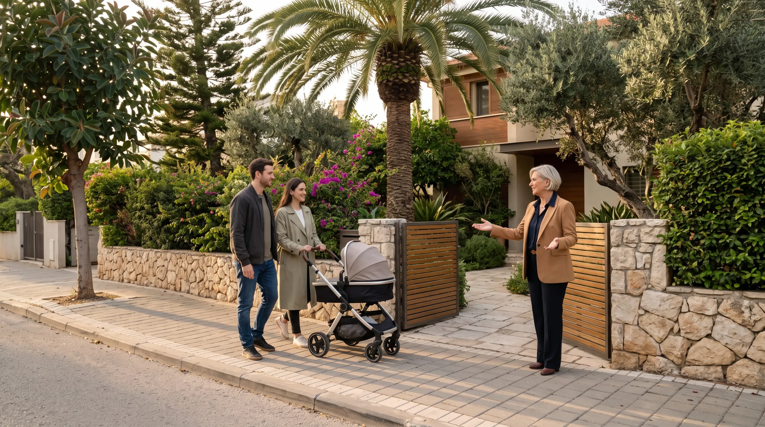 יועצת נדל״ן של RS נדל״ן מקבלת זוג צעיר עם תינוק בשער של וילה בקריית יערים