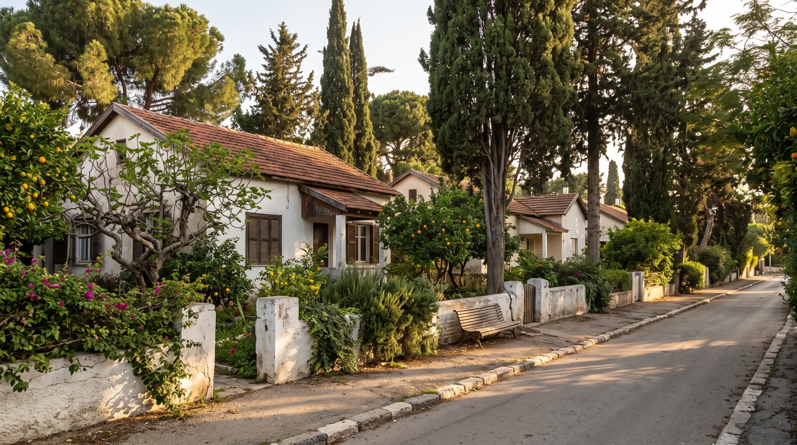 סמטה של בתים צנועים משנות החמישים עם גגות רעפים וגינות ותיקות, ברוח שיכון ליטא (הדמיה)