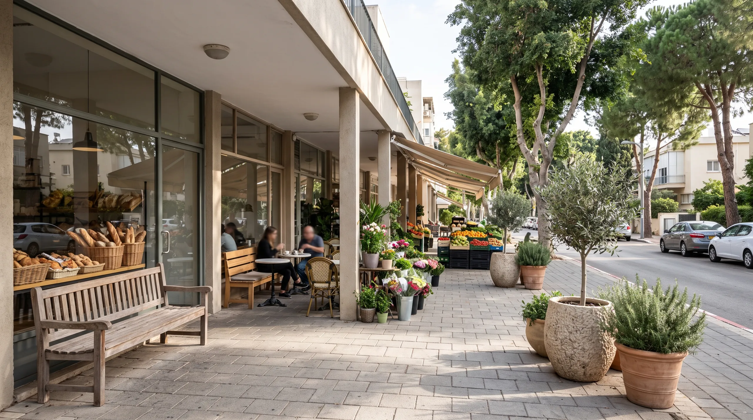 מרכז מסחרי שכונתי בצפון מערב רמת השרון: מאפייה, בית קפה ותחת קולונדה מוצלת (הדמיה)