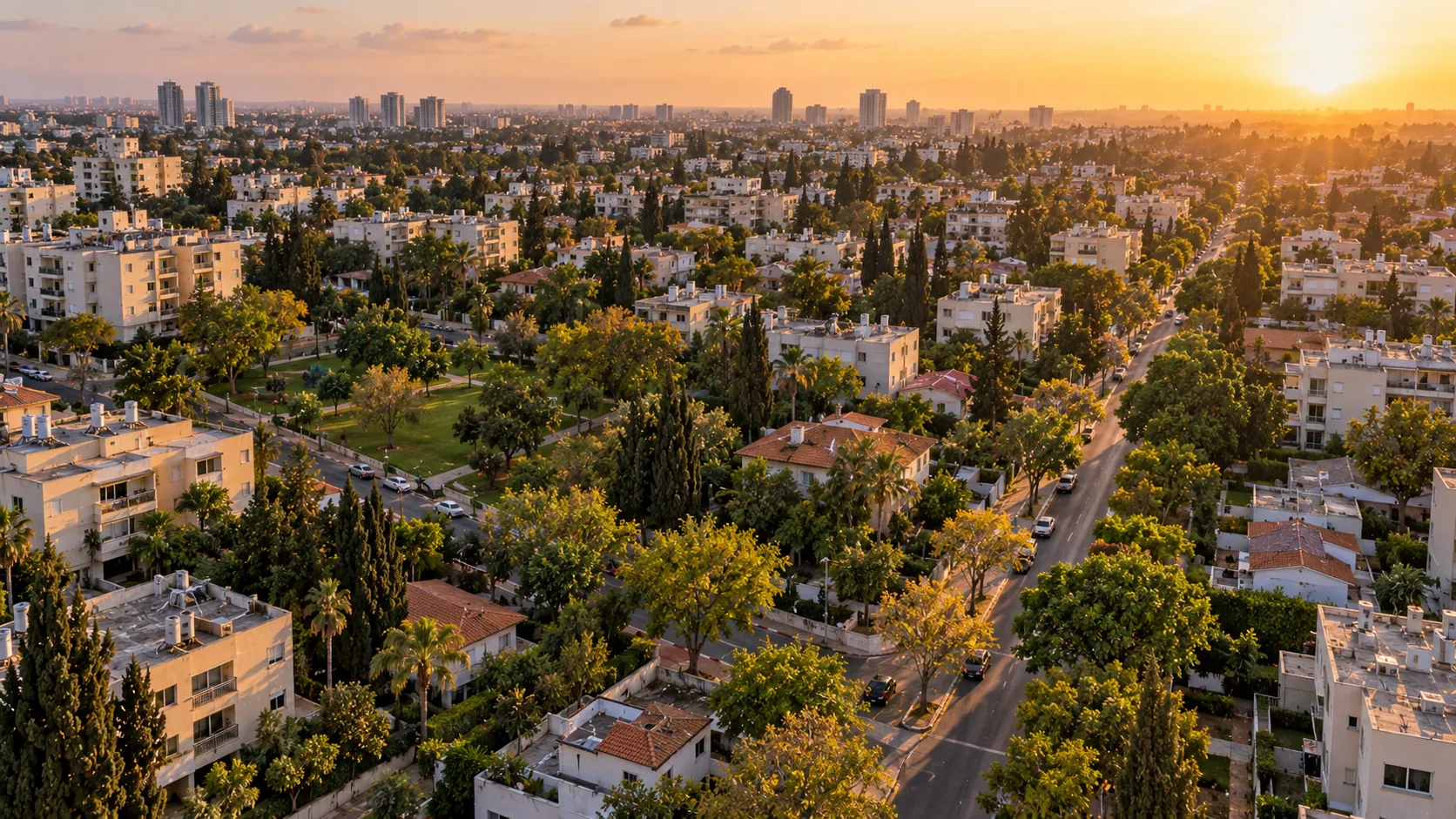 Real estate agency in Lester: an aerial view over the neighborhood and Ahuza Street in east Raanana (illustration)