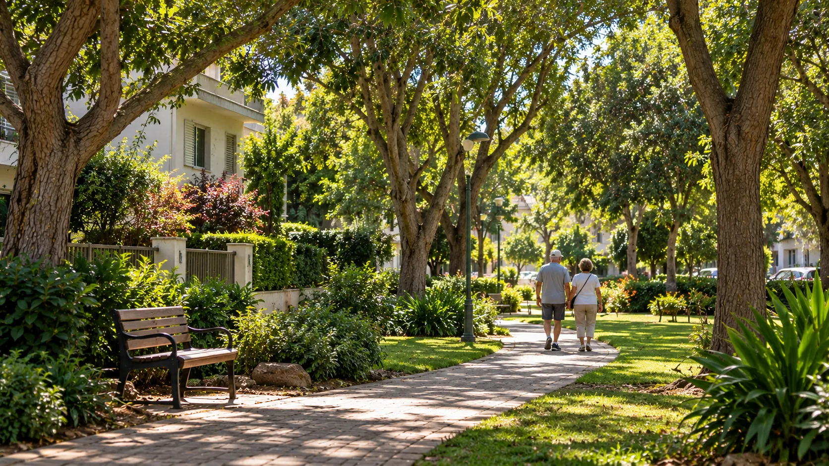 A shaded path in a neighborhood garden in Lester, among trees and lawns (illustration)