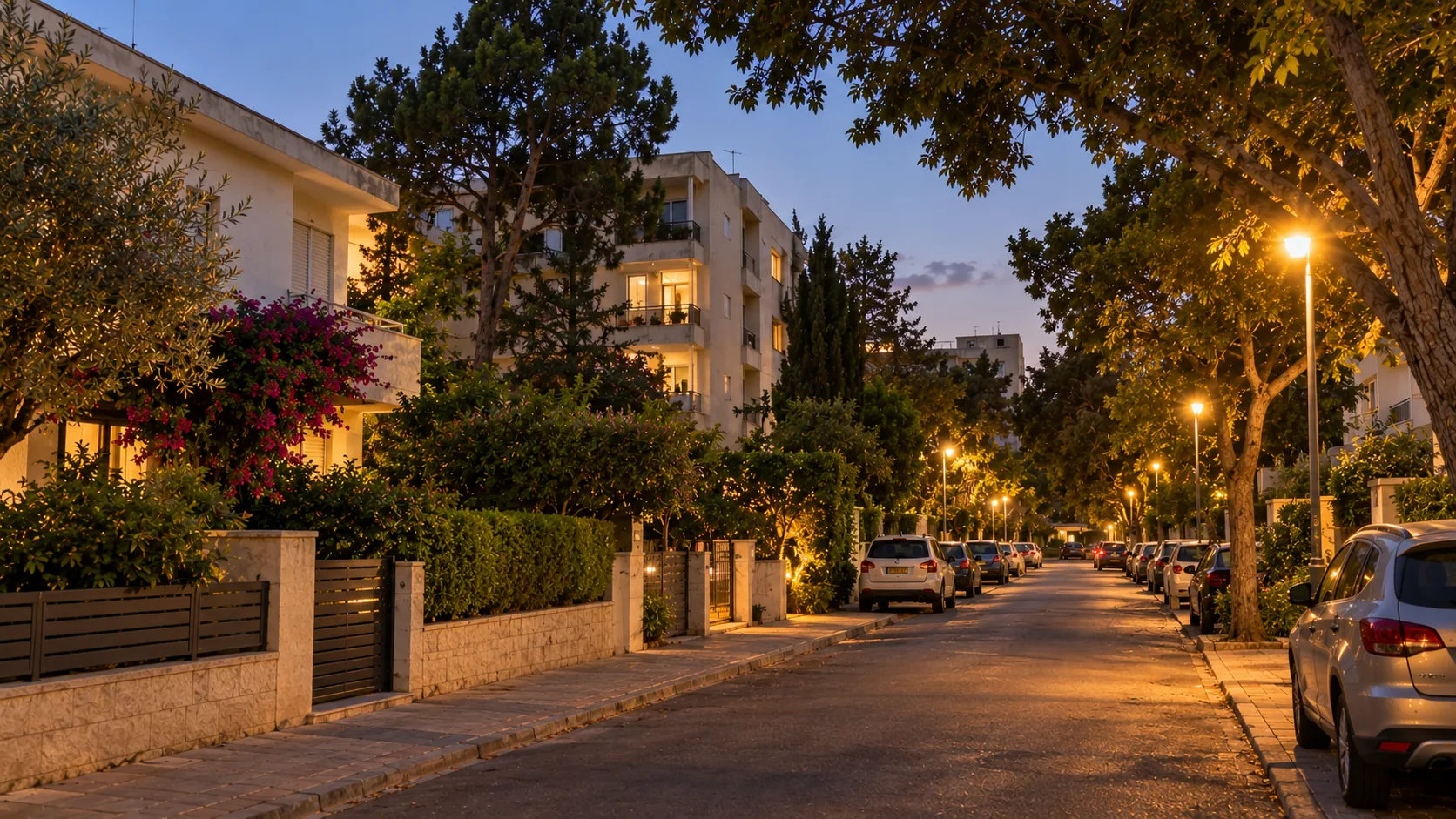 A quiet street in Lester in the evening, with private homes and low rise apartment buildings (illustration)