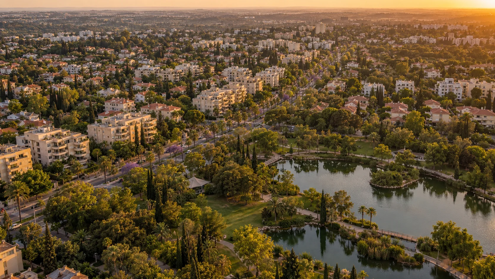 Agencia inmobiliaria en Lev HaPark: vista aérea del barrio, el bulevar Weizmann y el Parque de Raanana (ilustración)