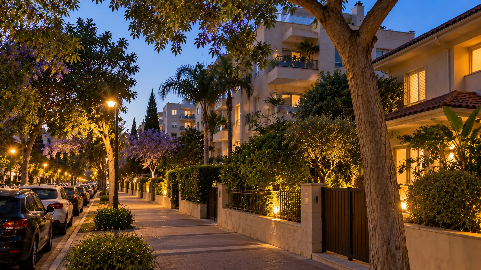 A street in Lev HaPark in the evening, with mature trees and low residential buildings (illustration)