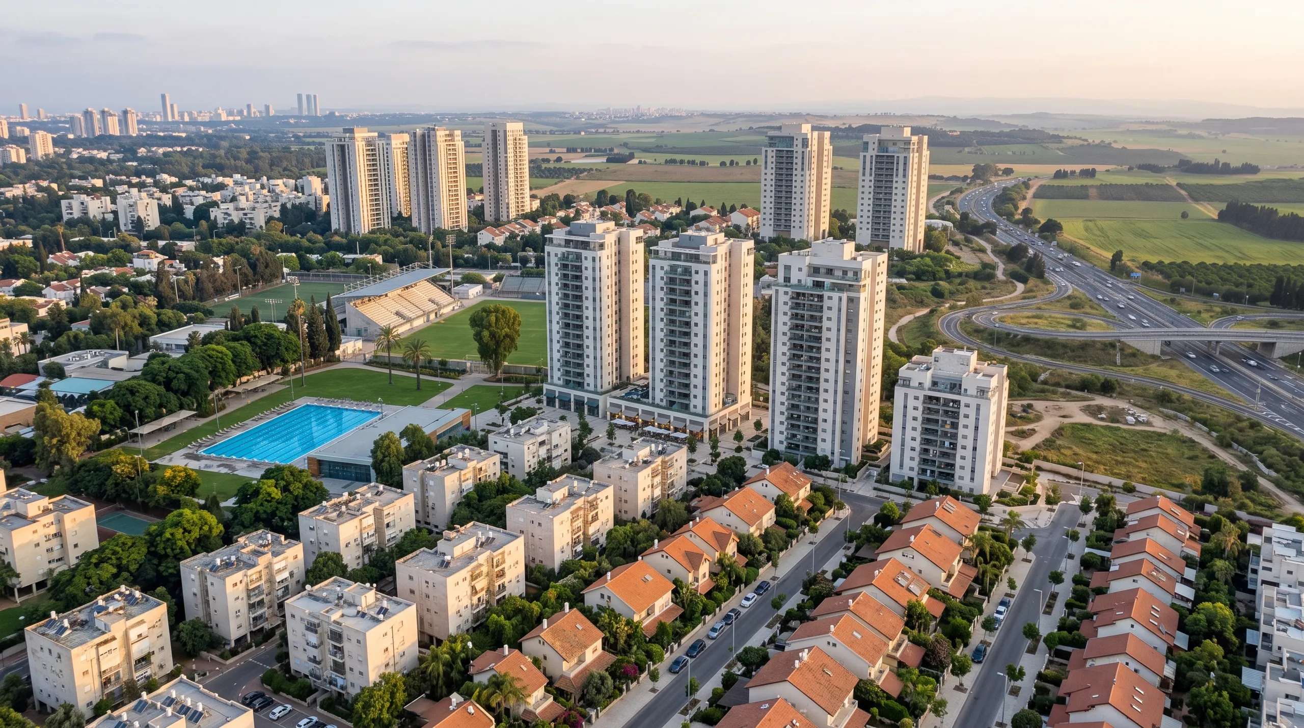משרד תיווך במורשה: מבט מלמעלה על מגדלי המגורים, הקוטג׳ים, האצטדיון ומחלף מורשה (הדמיה)