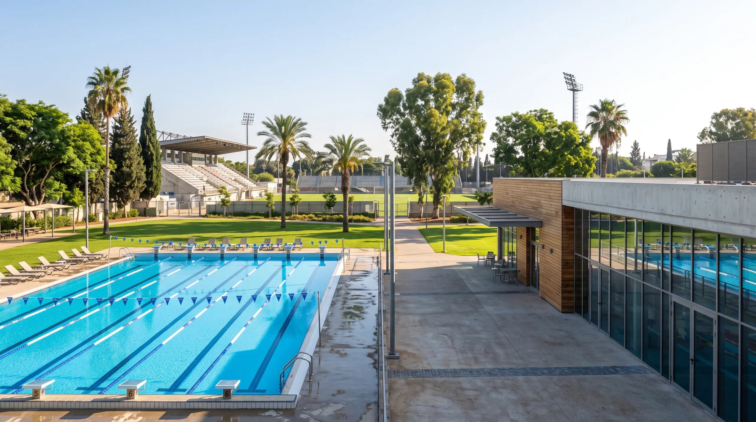 מרכז ספורט ונופש במזרח רמת השרון: בריכה פתוחה, מדשאות ויציע אצטדיון ברקע (הדמיה)