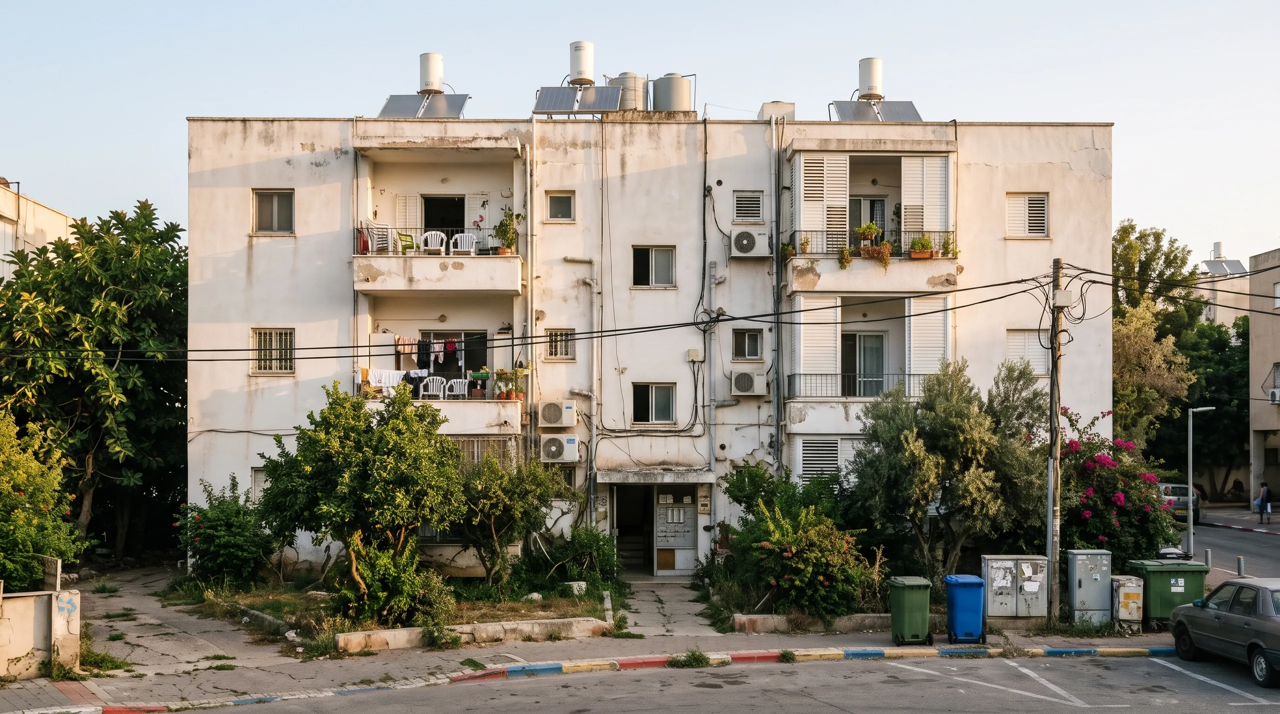 An older three storey apartment block in Neve Israel, with balconies and trees in front (illustration)