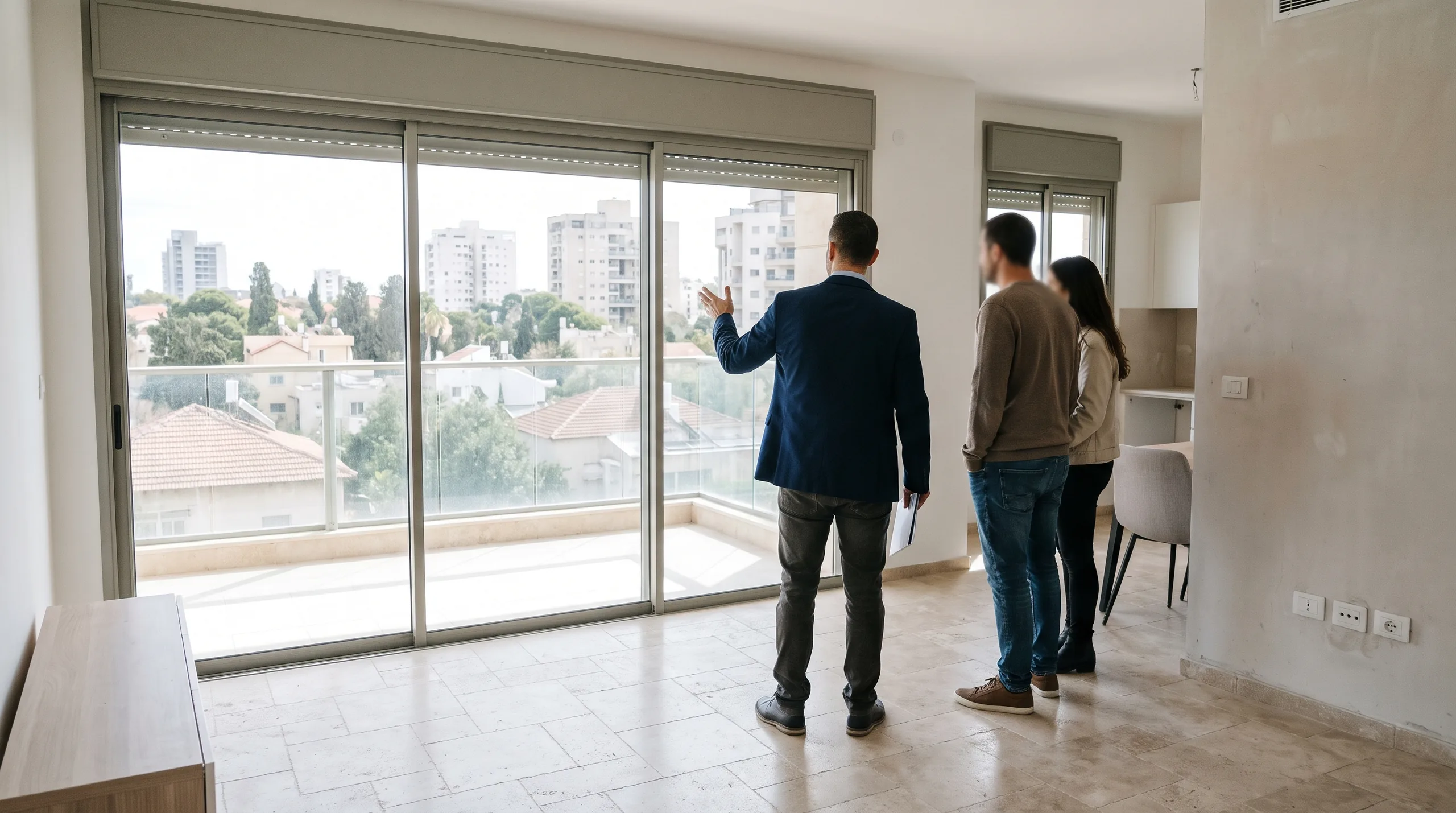 An RS Nadlan advisor accompanying a couple in an apartment in Neve Israel (illustration)