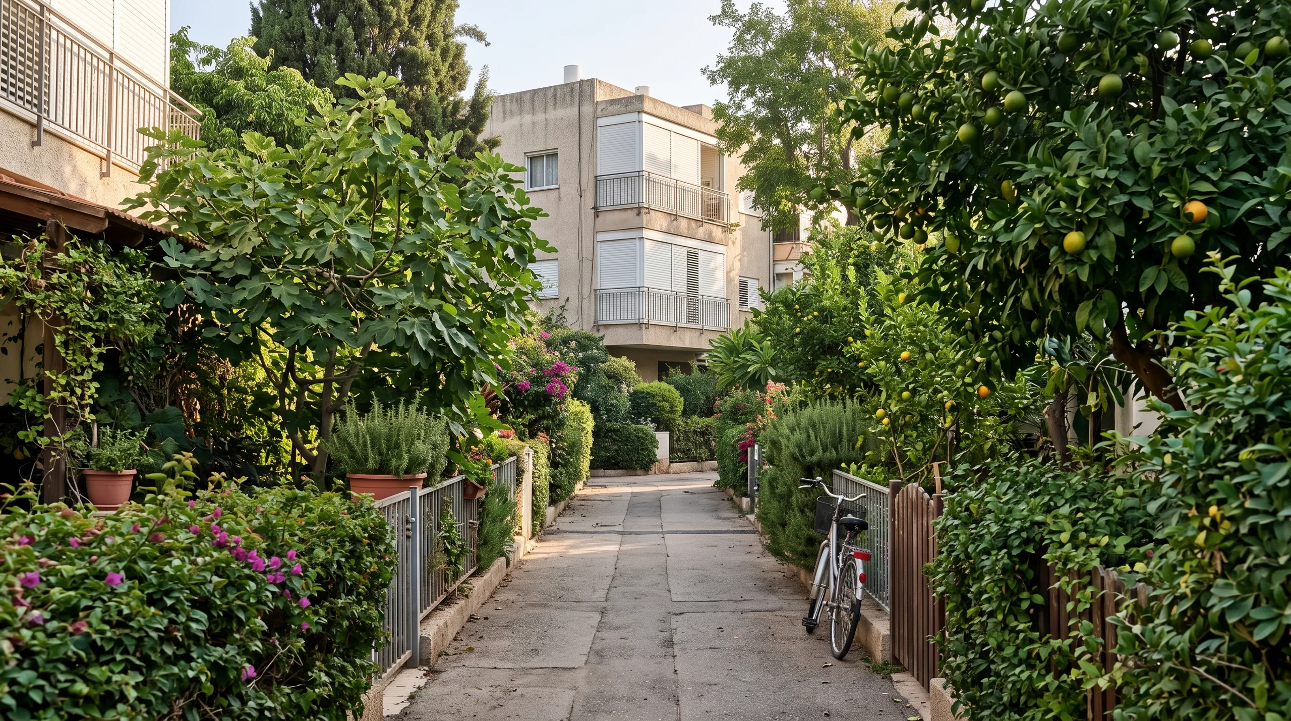 שביל שקט בין גינות פרטיות בנווה מגן, רמת השרון (הדמיה)