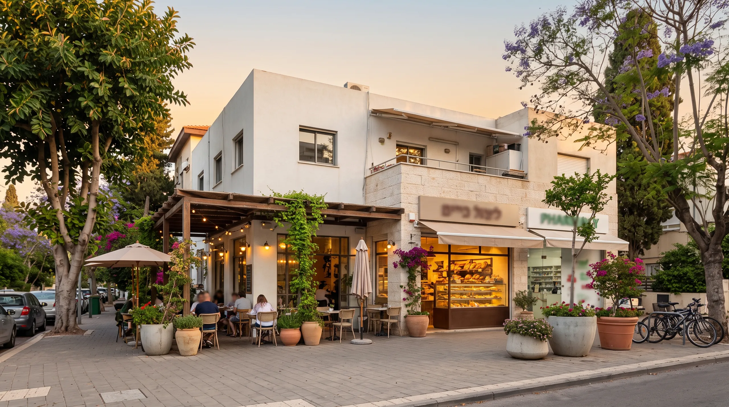 מרכז מסחרי שכונתי בנווה רסקו עם בית קפה ופרגולה בשעות הערב (הדמיה)