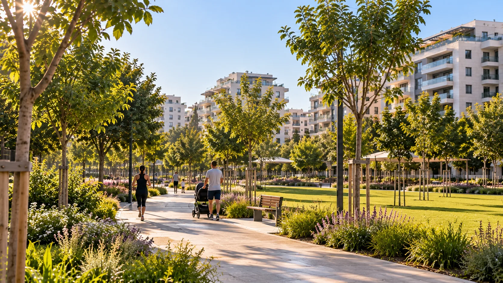 שביל הליכה בפארק נווה זמר, בין מדשאות ועצים (הדמיה)