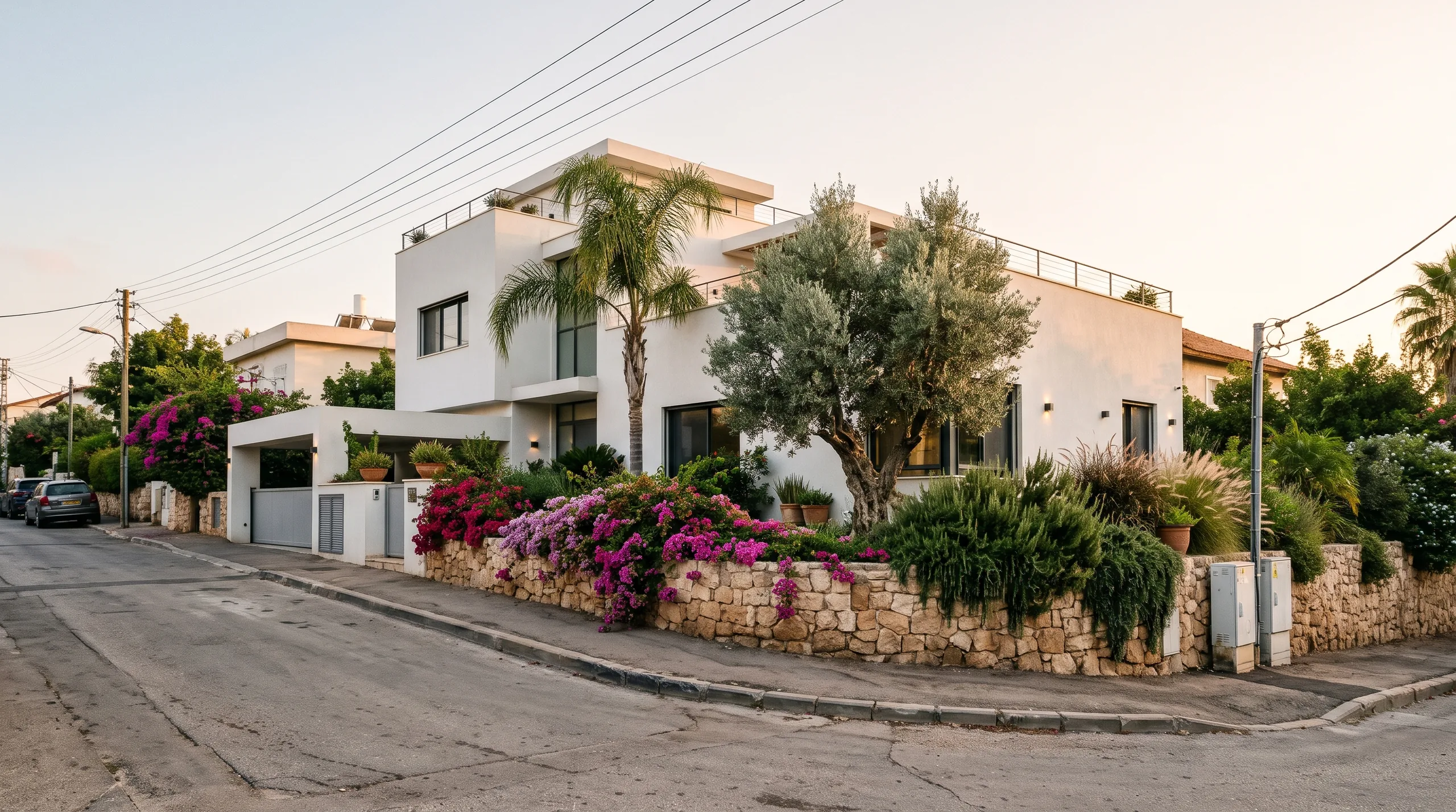 Villa blanca moderna en una calle tranquila de Nof Yam, con muro de piedra, buganvilla y un olivo (ilustración)
