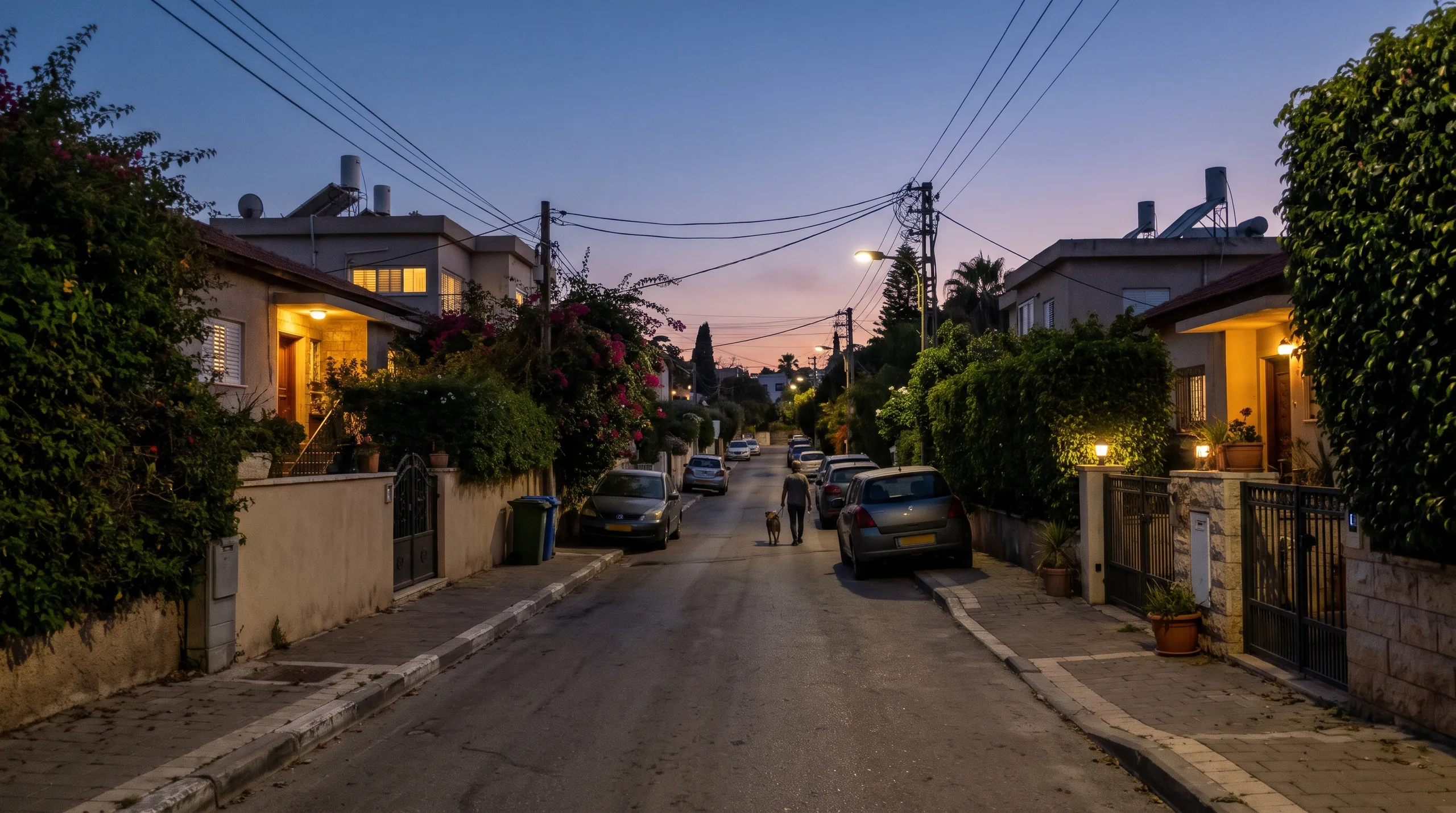 Una calle tranquila de Nof Yam al anochecer, con casas iluminadas y setos verdes (ilustración)